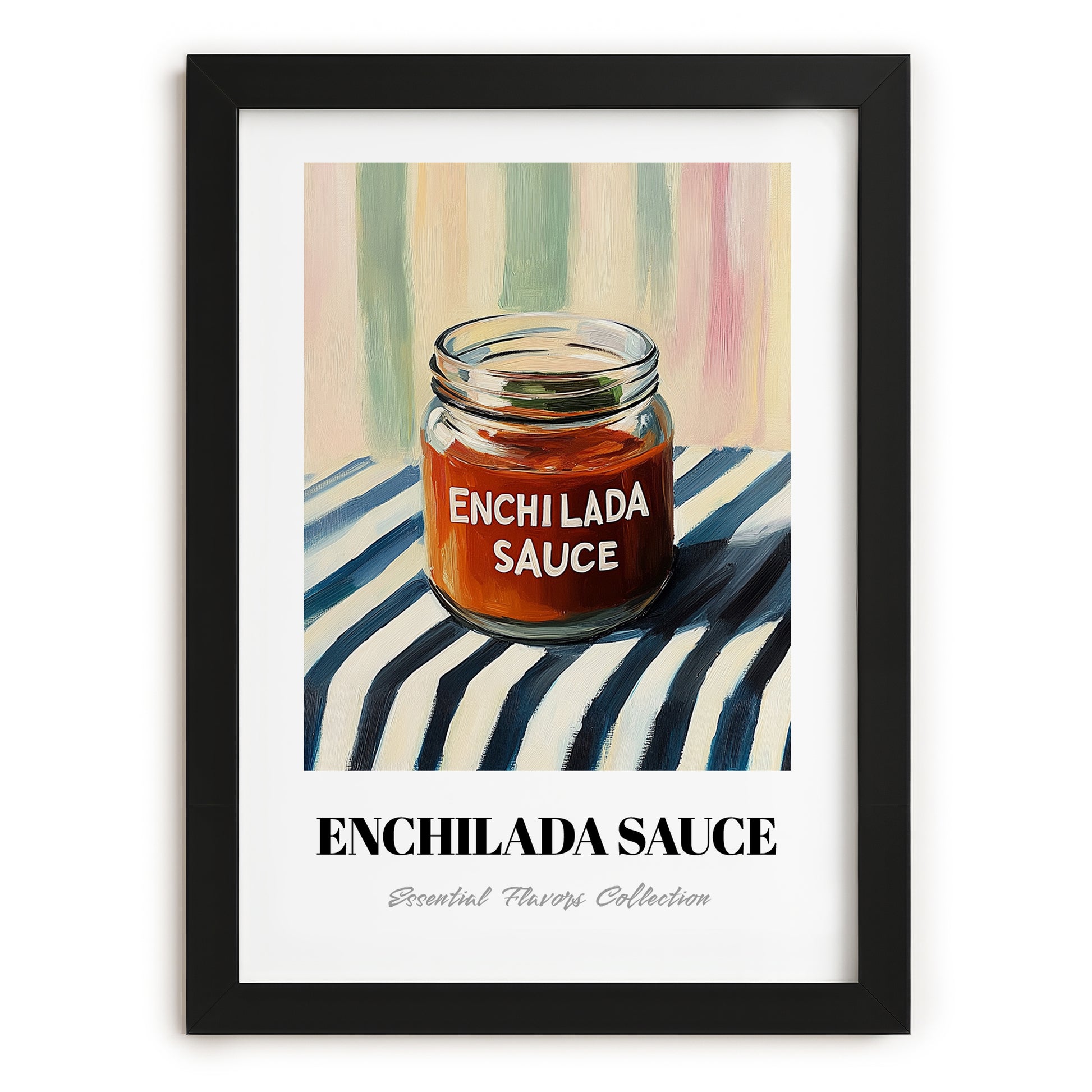 Enchilada Sauce – on Striped Tablecloth, Grocery Still Life, in sleek black frame