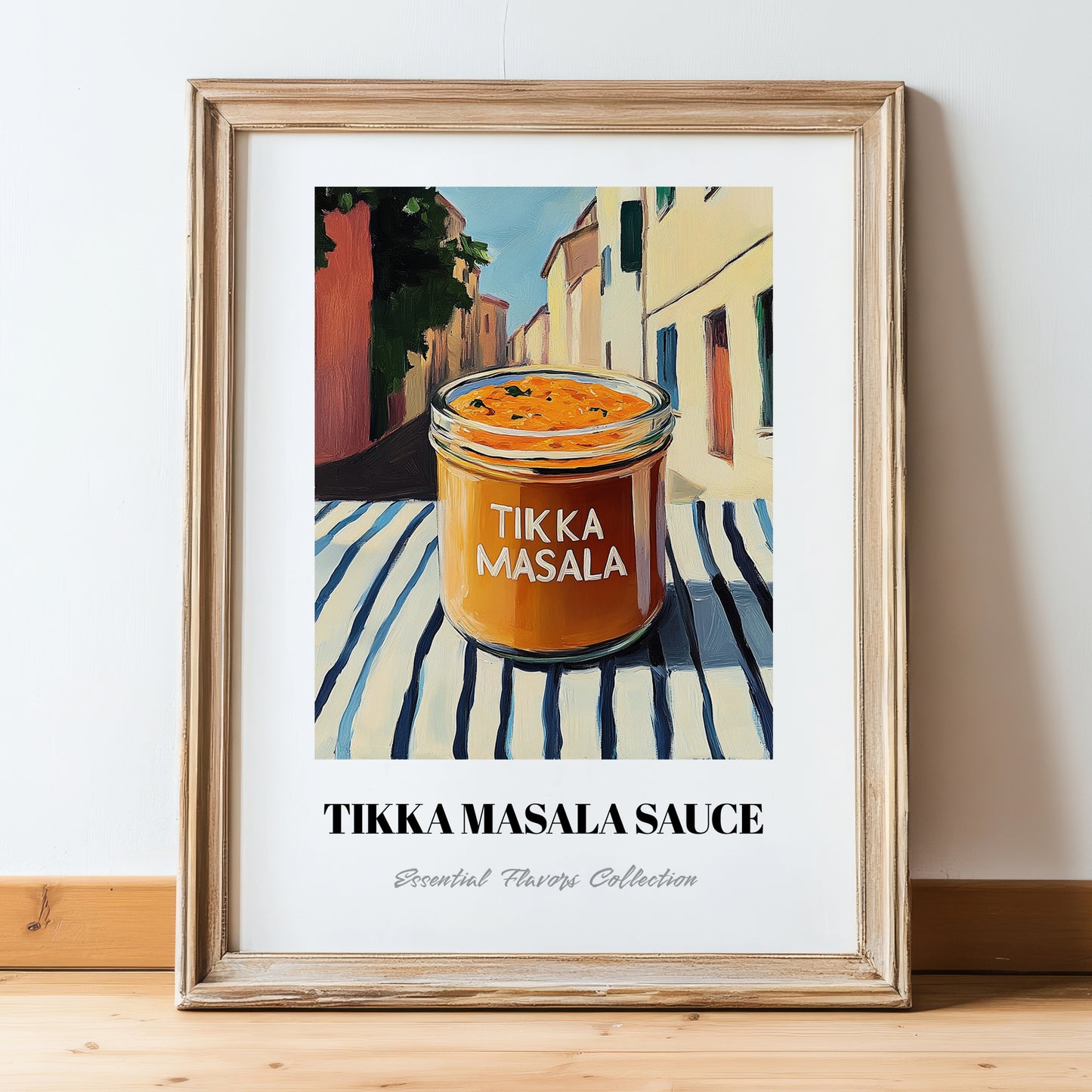 Tikka Masala Sauce – Italian Urban Café Scene, Pantry Poster, in wooden frame leaning on the floor