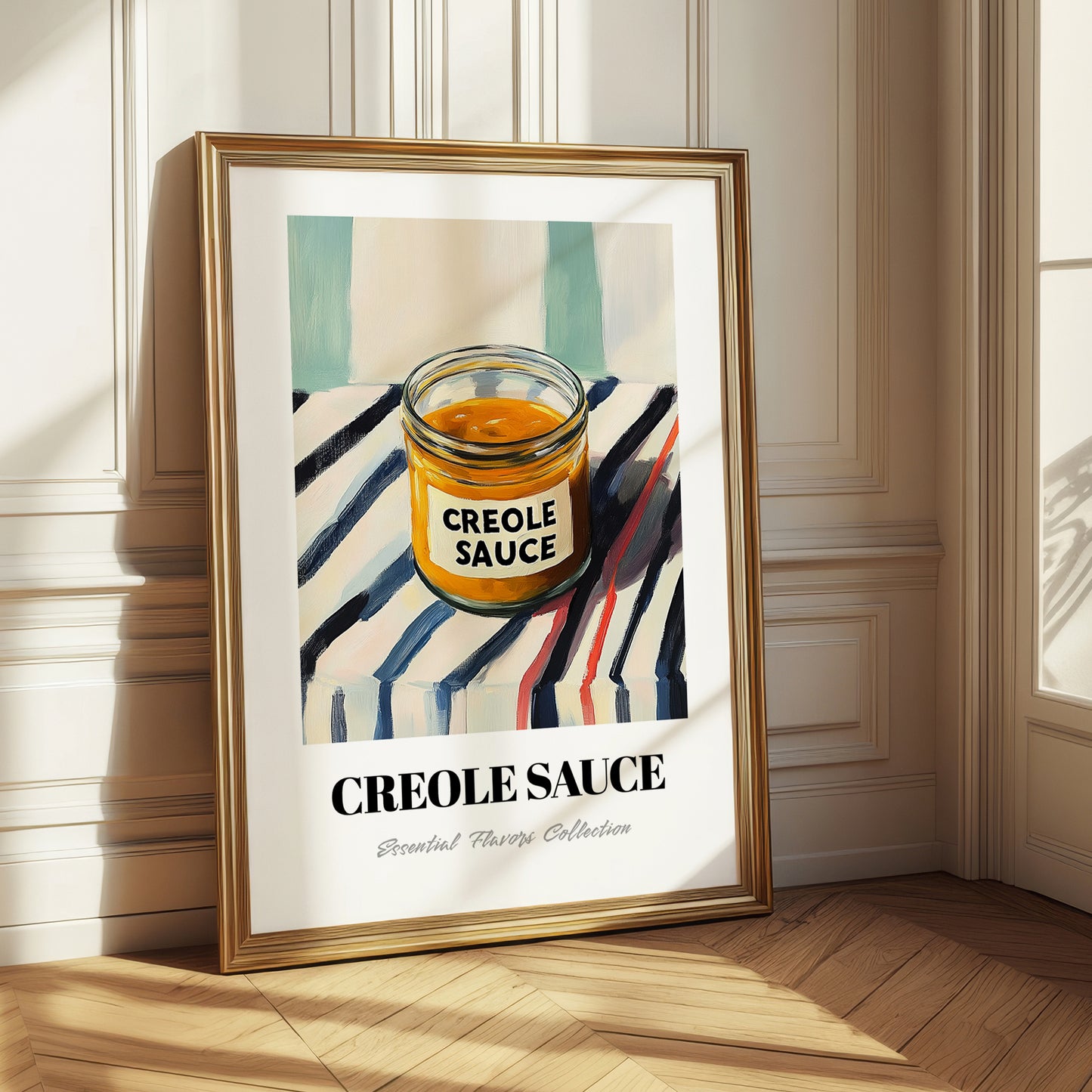 Creole Sauce – on Striped Tablecloth, Grocery Illustration