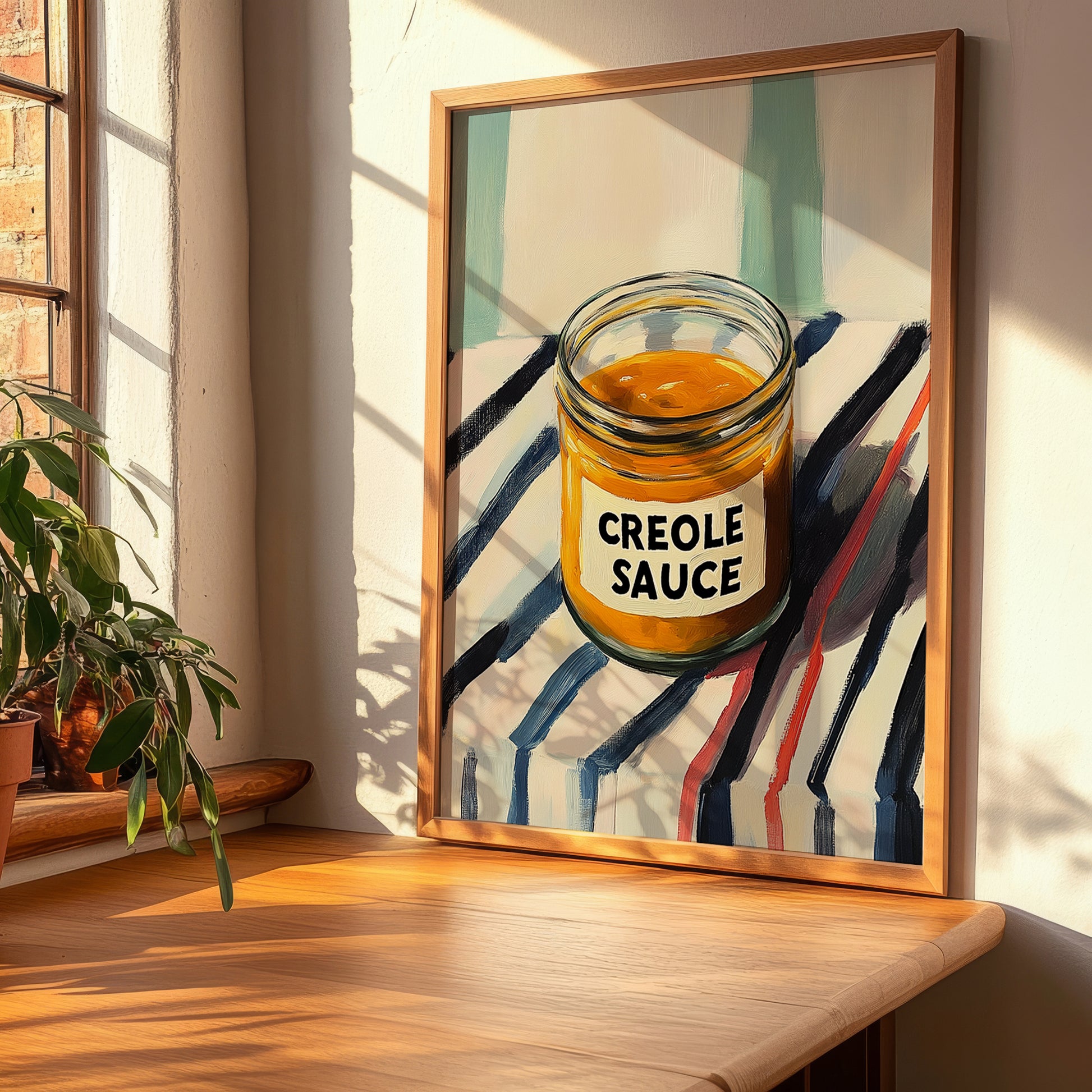 Creole Sauce – on Striped Tablecloth, Grocery Illustration, clean layout with no caption
