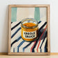 Creole Sauce – on Striped Tablecloth, Grocery Illustration, no-text version framed in wood