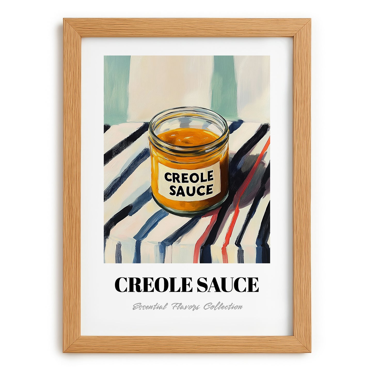 Creole Sauce – on Striped Tablecloth, Grocery Illustration, set in oak frame