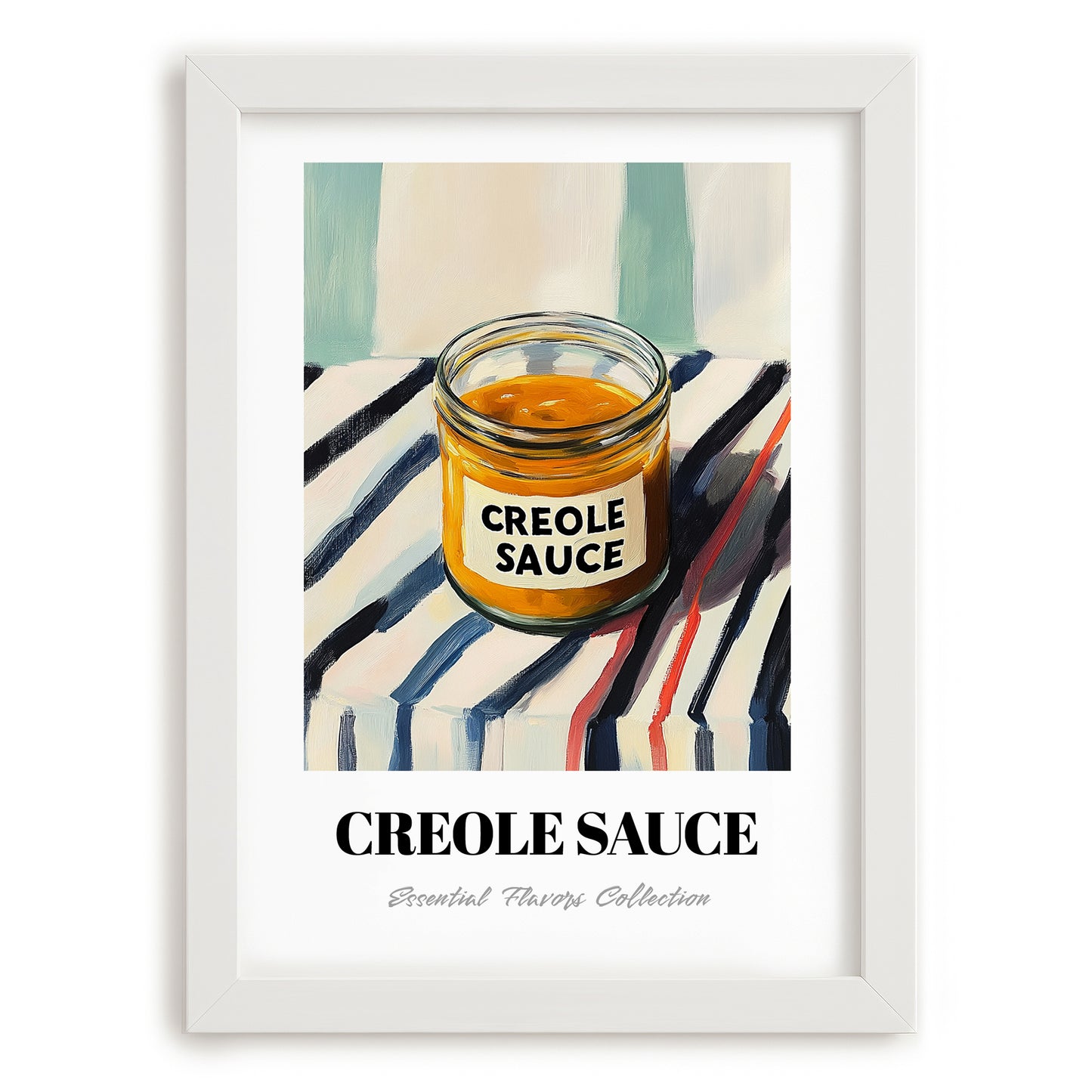 Creole Sauce – on Striped Tablecloth, Grocery Illustration, placed in minimal white frame