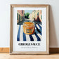 Creole Sauce – Italian Outdoor Café Scene, Food Shelf Illustration, in wooden frame leaning on the floor