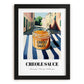Creole Sauce – Italian Outdoor Café Scene, Food Shelf Illustration, in sleek black frame