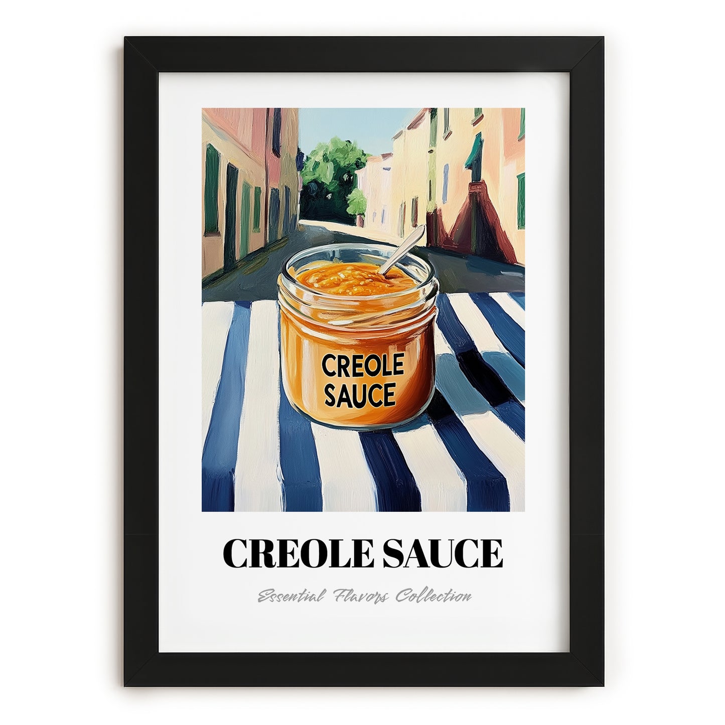 Creole Sauce – Italian Outdoor Café Scene, Food Shelf Illustration, in sleek black frame
