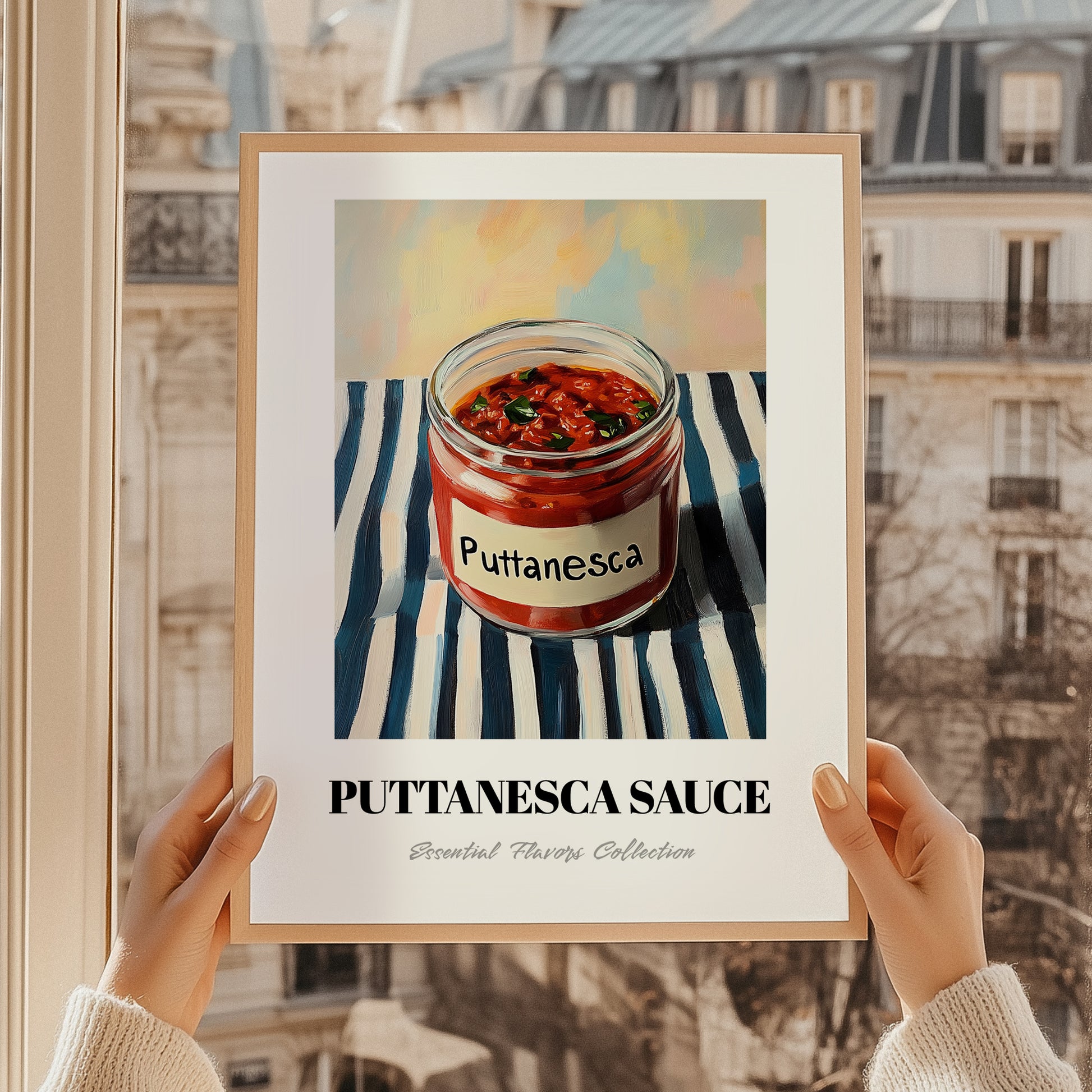 Putanesca Sauce – on Striped Tablecloth, Kitchen Storage Wall Print, styled in a charming Paris street view
