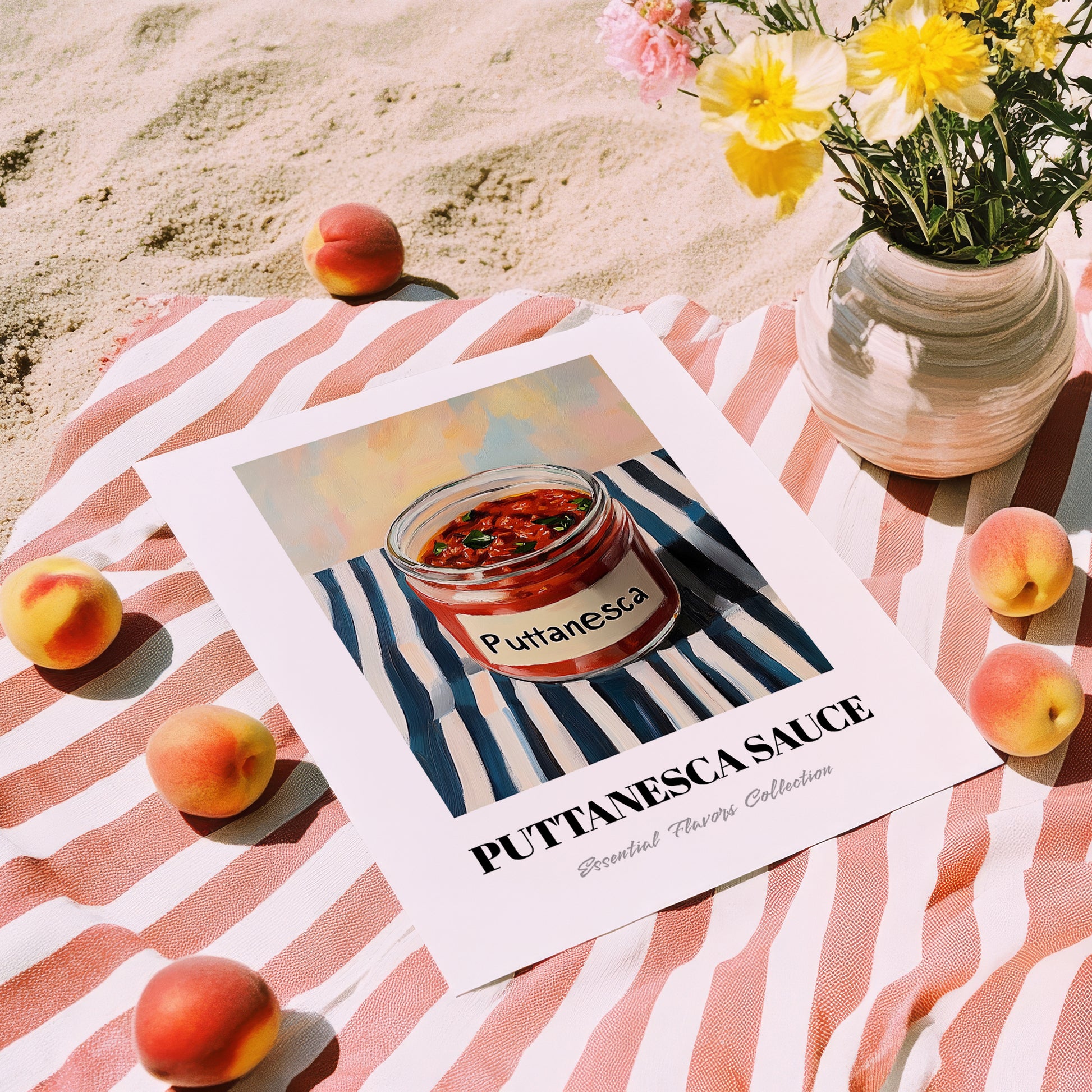 Putanesca Sauce – on Striped Tablecloth, Kitchen Storage Wall Print, unframed on coastal sand
