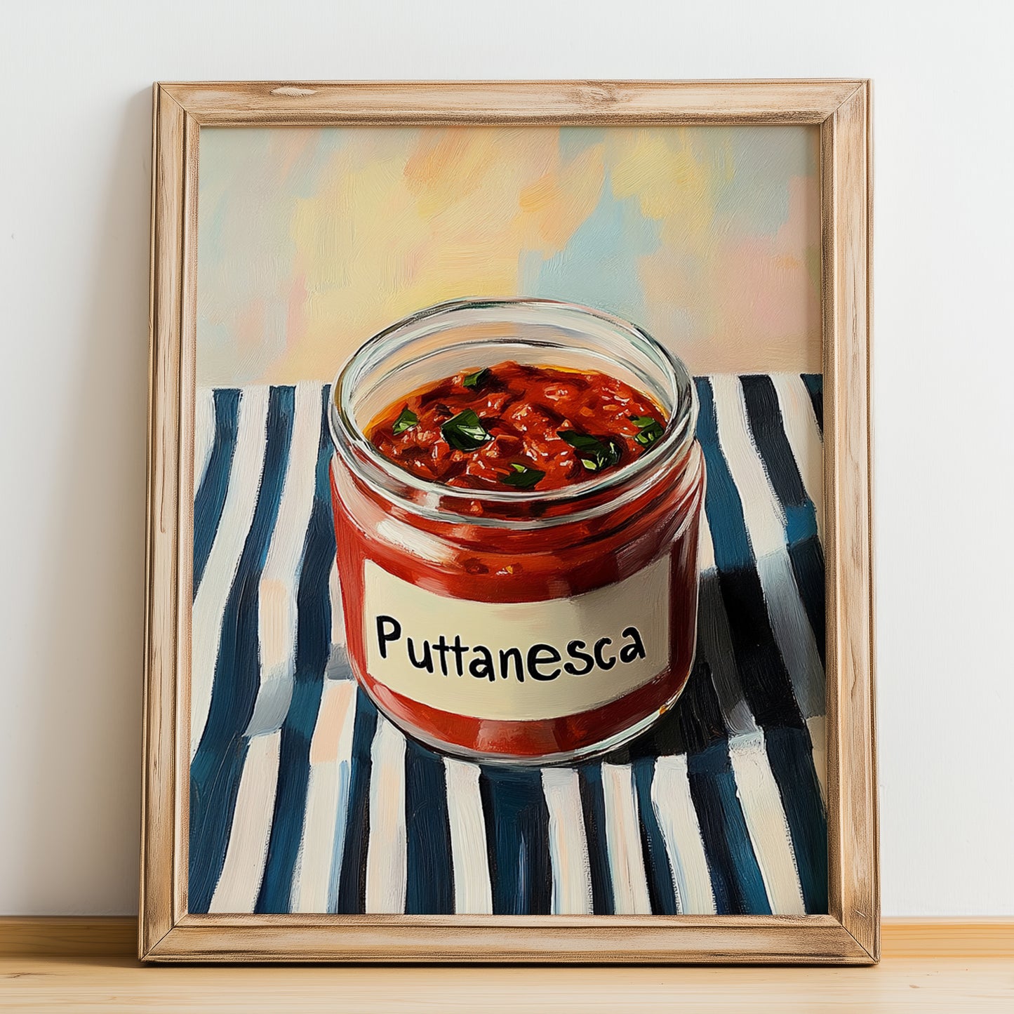 Putanesca Sauce – on Striped Tablecloth, Kitchen Storage Wall Print, no-text version framed in wood