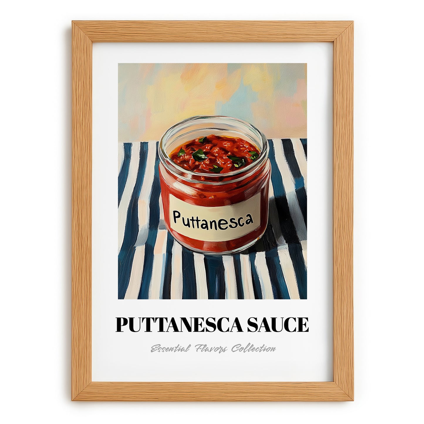 Putanesca Sauce – on Striped Tablecloth, Kitchen Storage Wall Print, set in oak frame