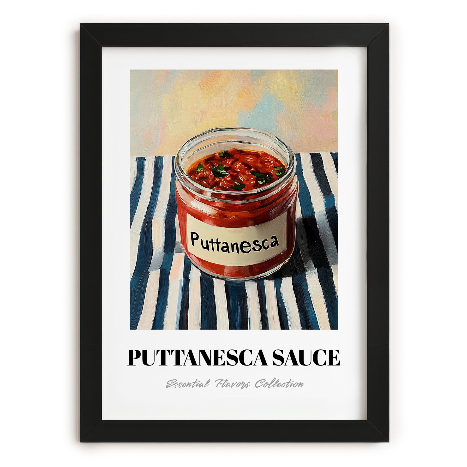 Putanesca Sauce – on Striped Tablecloth, Kitchen Storage Wall Print, in sleek black frame