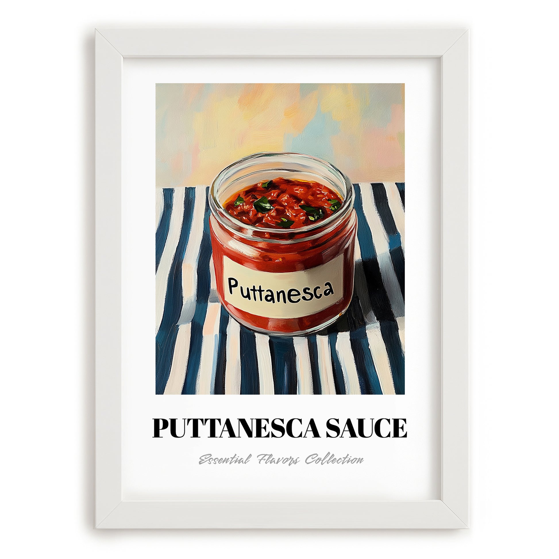 Putanesca Sauce – on Striped Tablecloth, Kitchen Storage Wall Print, placed in minimal white frame