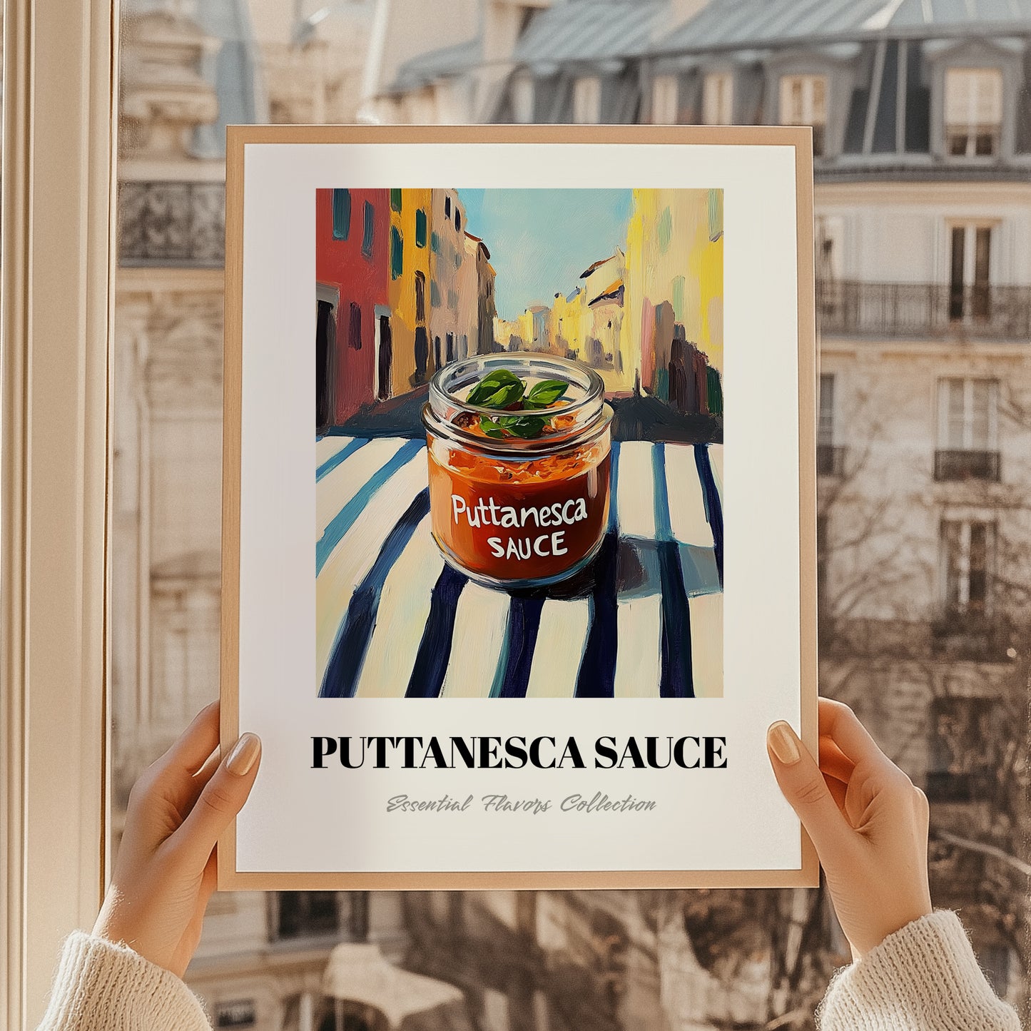 Putanesca Sauce – Italian Outdoor Café Scene, Food Shelf Wall Decor, styled in a charming Paris street view