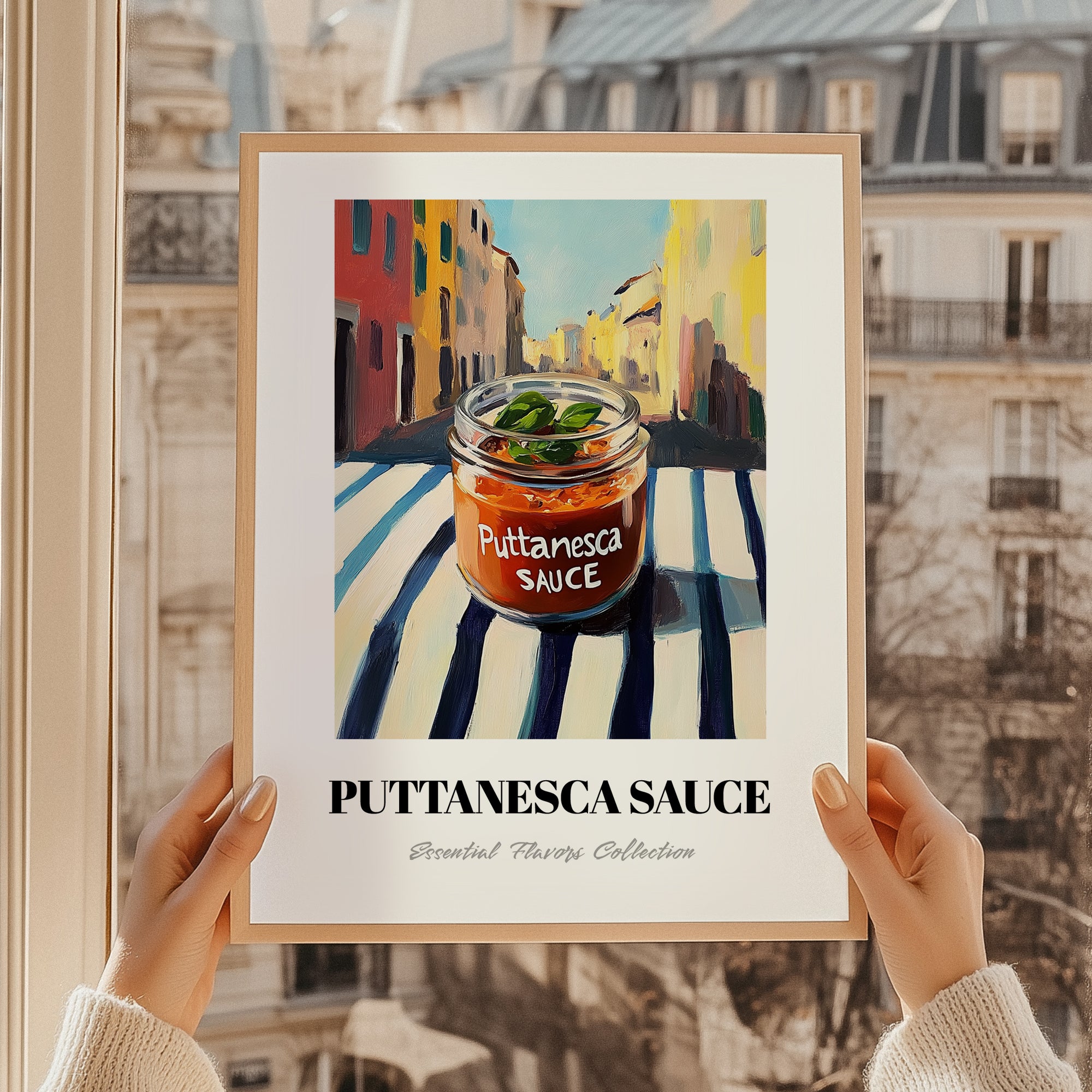 Putanesca Sauce – Italian Outdoor Café Scene, Food Shelf Wall Decor, styled in a charming Paris street view