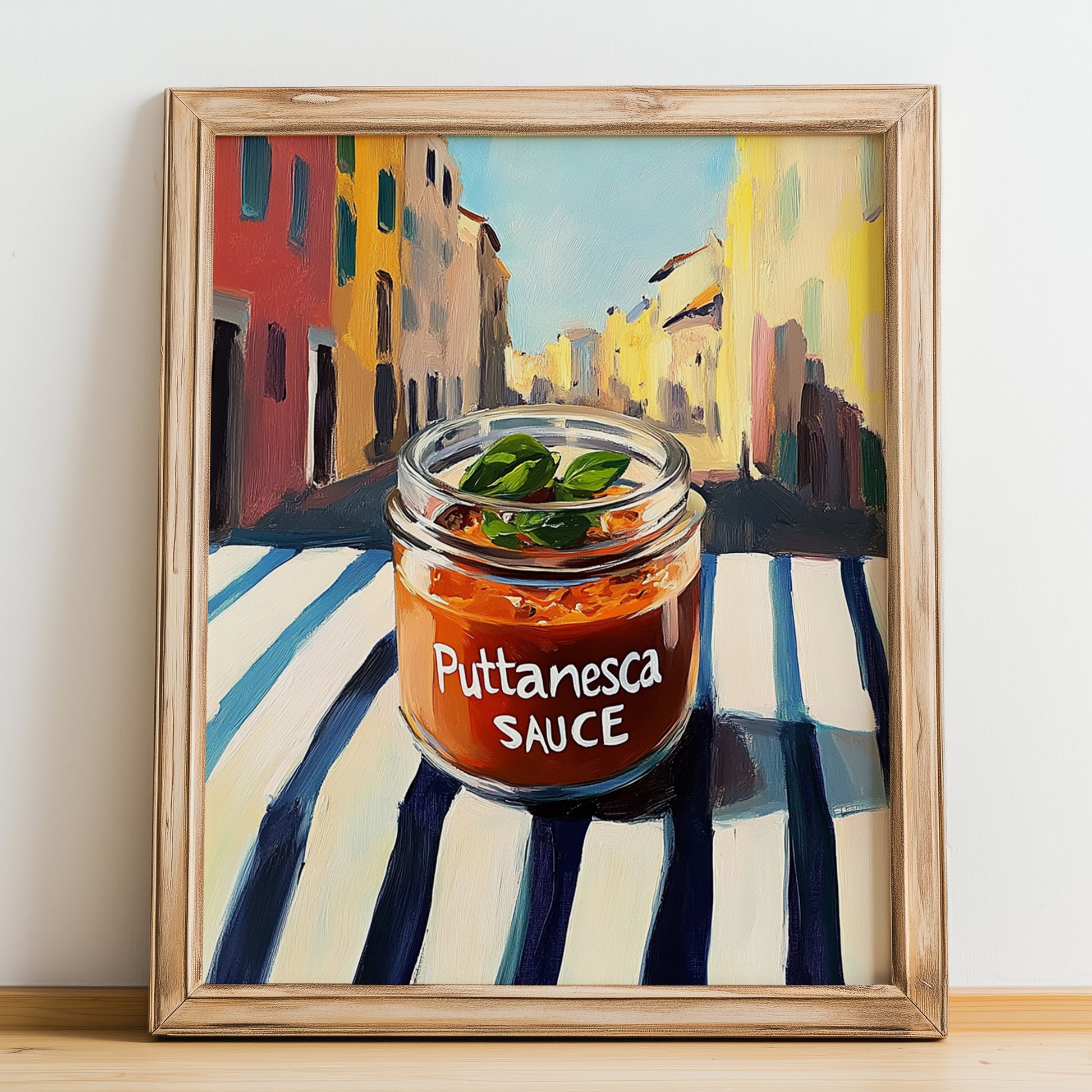 Putanesca Sauce – Italian Outdoor Café Scene, Food Shelf Wall Decor, no-text version framed in wood