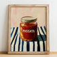 Passata – on Striped Tablecloth, Food Shelf Poster, no-text version framed in wood