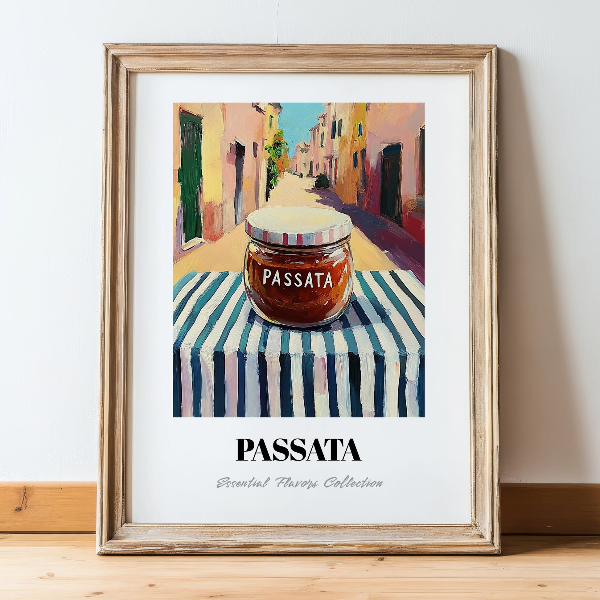 Passata – Italian Street Café Scene, Ingredients Corner Poster, in wooden frame leaning on the floor