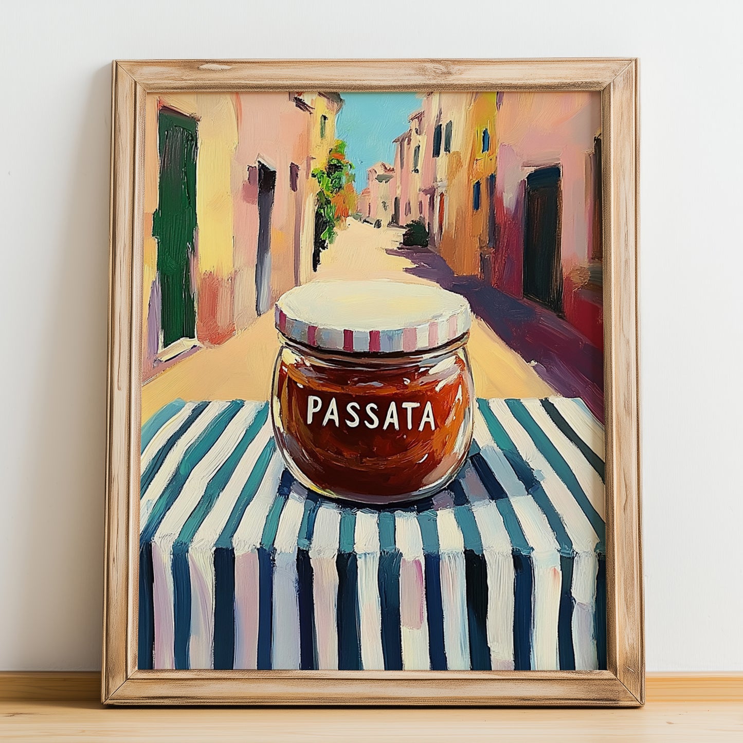 Passata – Italian Street Café Scene, Ingredients Corner Poster, no-text version framed in wood