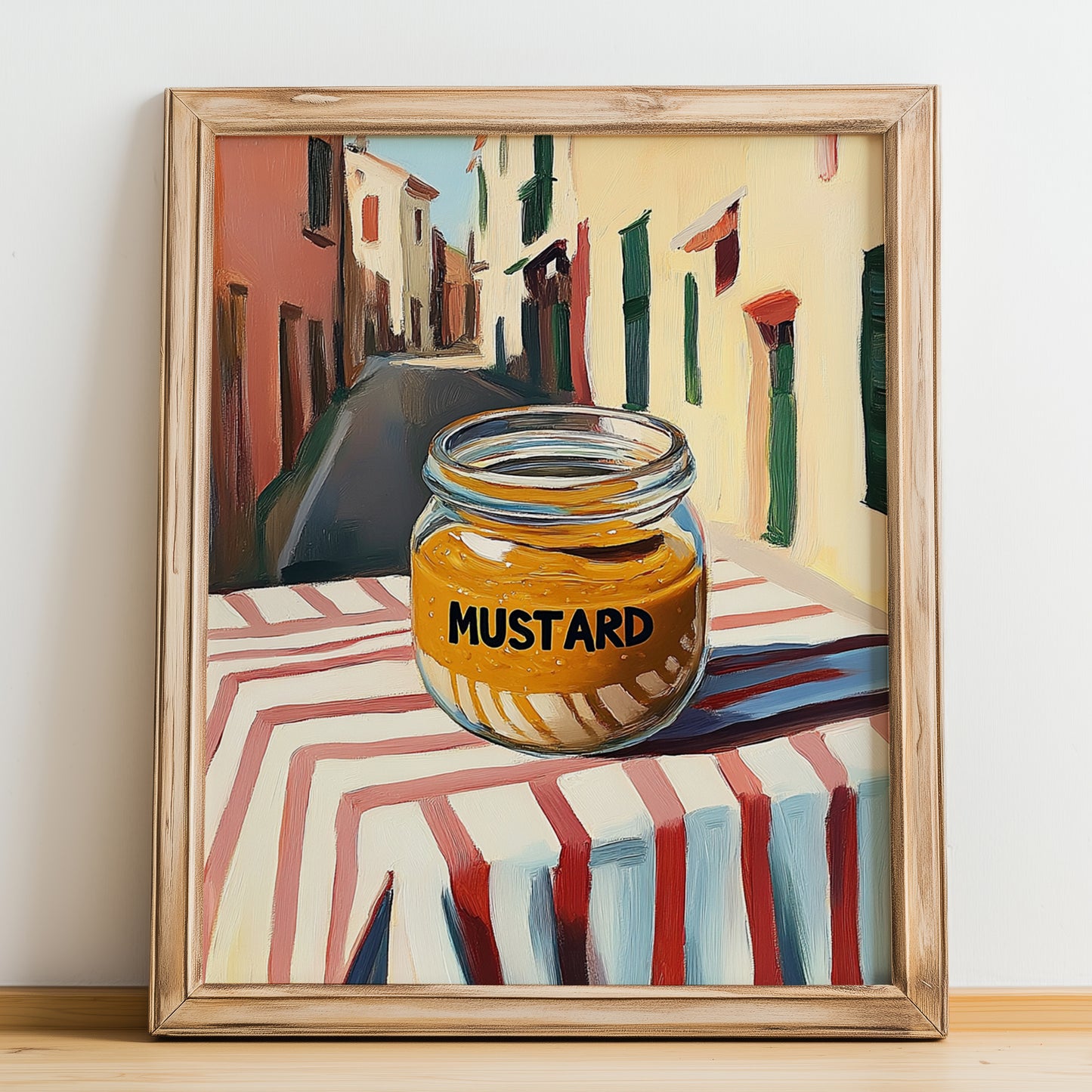 Mustard – Italian Street Café Scene, Pantry Wall Decor, no-text version framed in wood