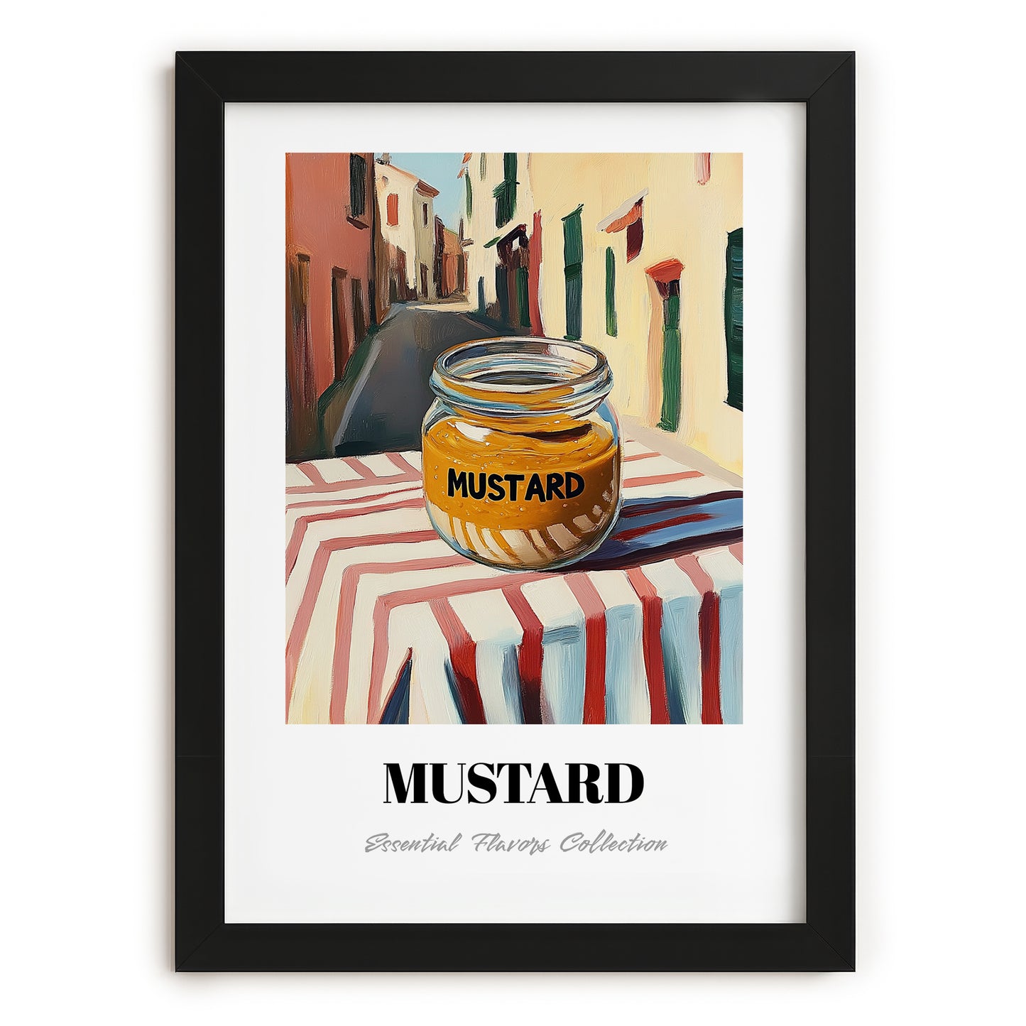 Mustard – Italian Street Café Scene, Pantry Wall Decor, in sleek black frame