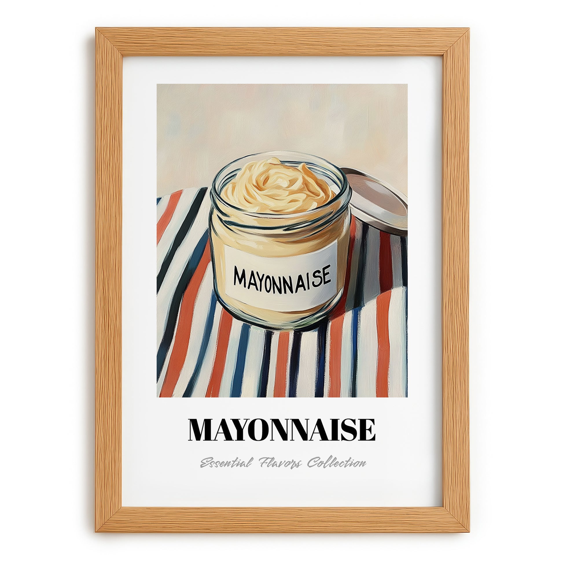 Mayonnaise – on Striped Tablecloth, Ingredients Corner Wall Decor, set in oak frame