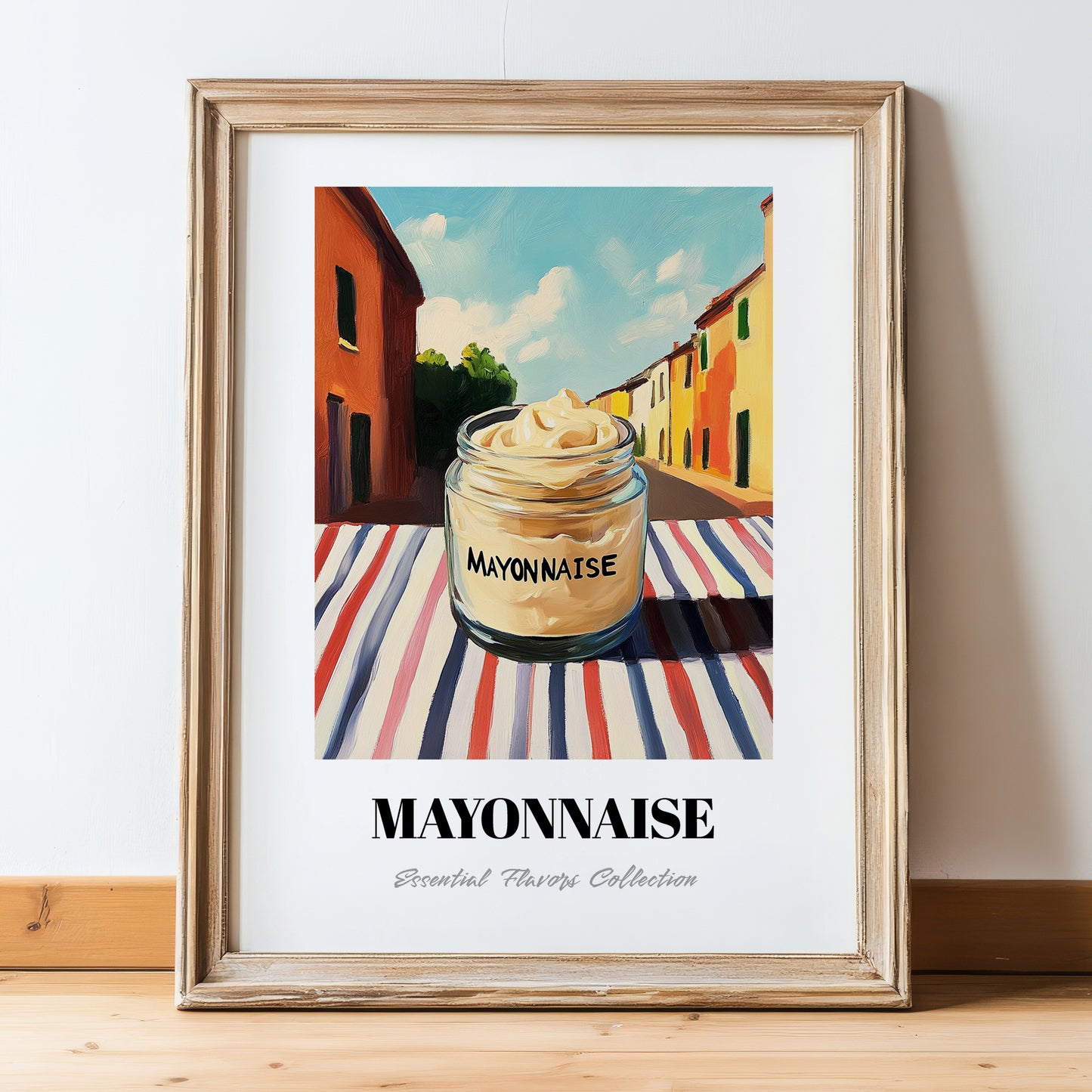 Mayonnaise – Italian Street Café Scene, Grocery Print, in wooden frame leaning on the floor