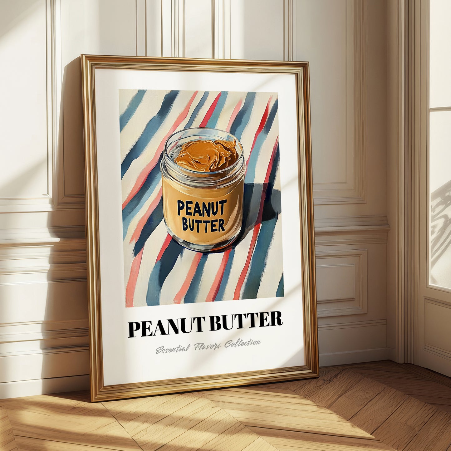 Peanut Butter – on Striped Tablecloth, Food Shelf Still Life