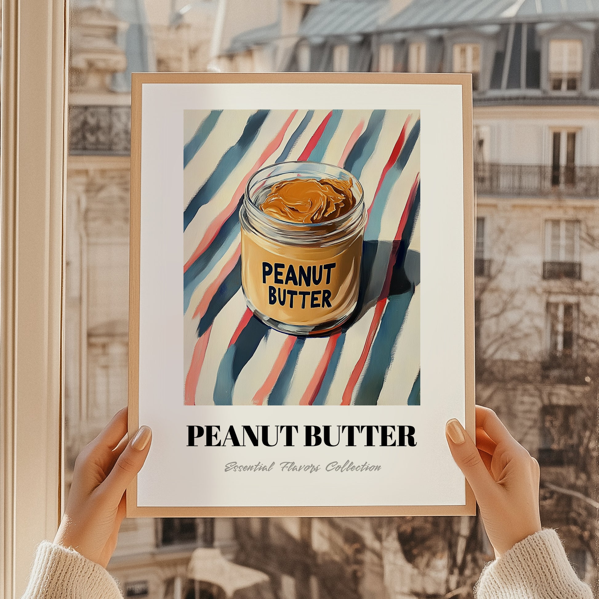 Peanut Butter – on Striped Tablecloth, Food Shelf Still Life, styled in a charming Paris street view