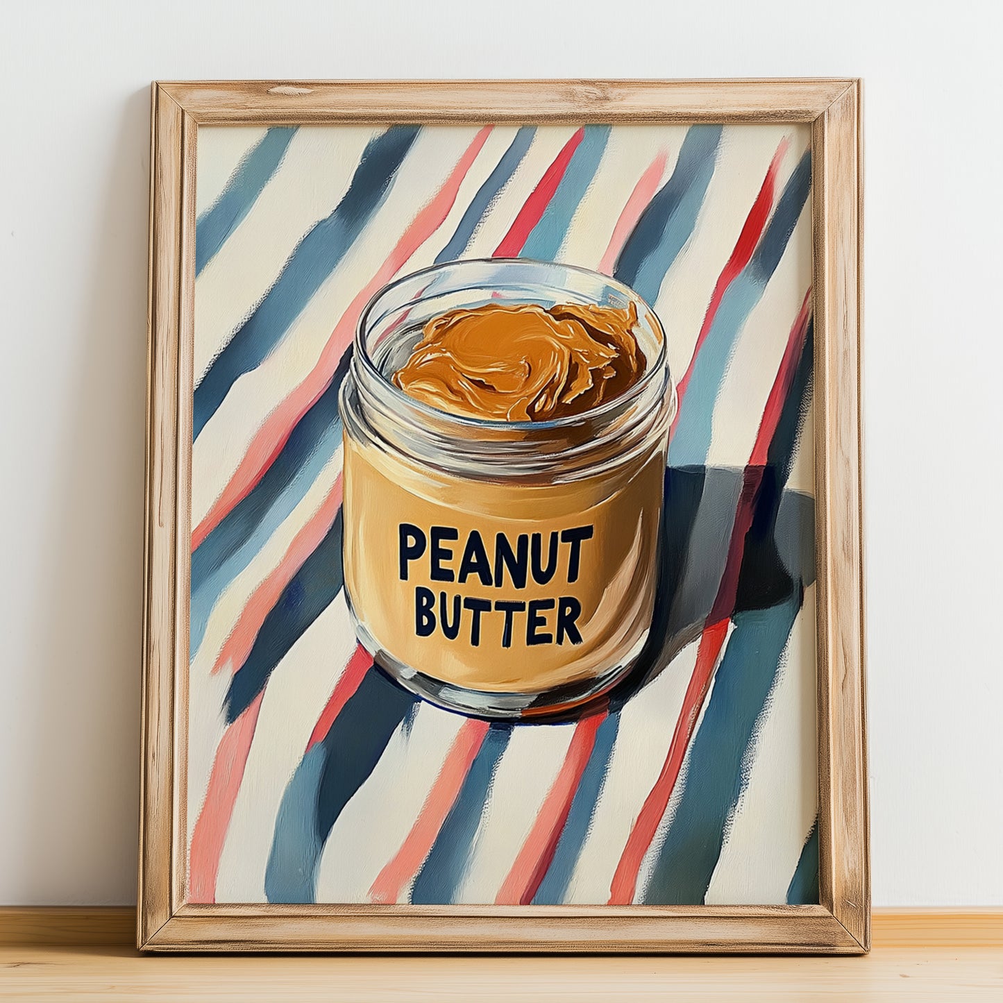 Peanut Butter – on Striped Tablecloth, Food Shelf Still Life, no-text version framed in wood