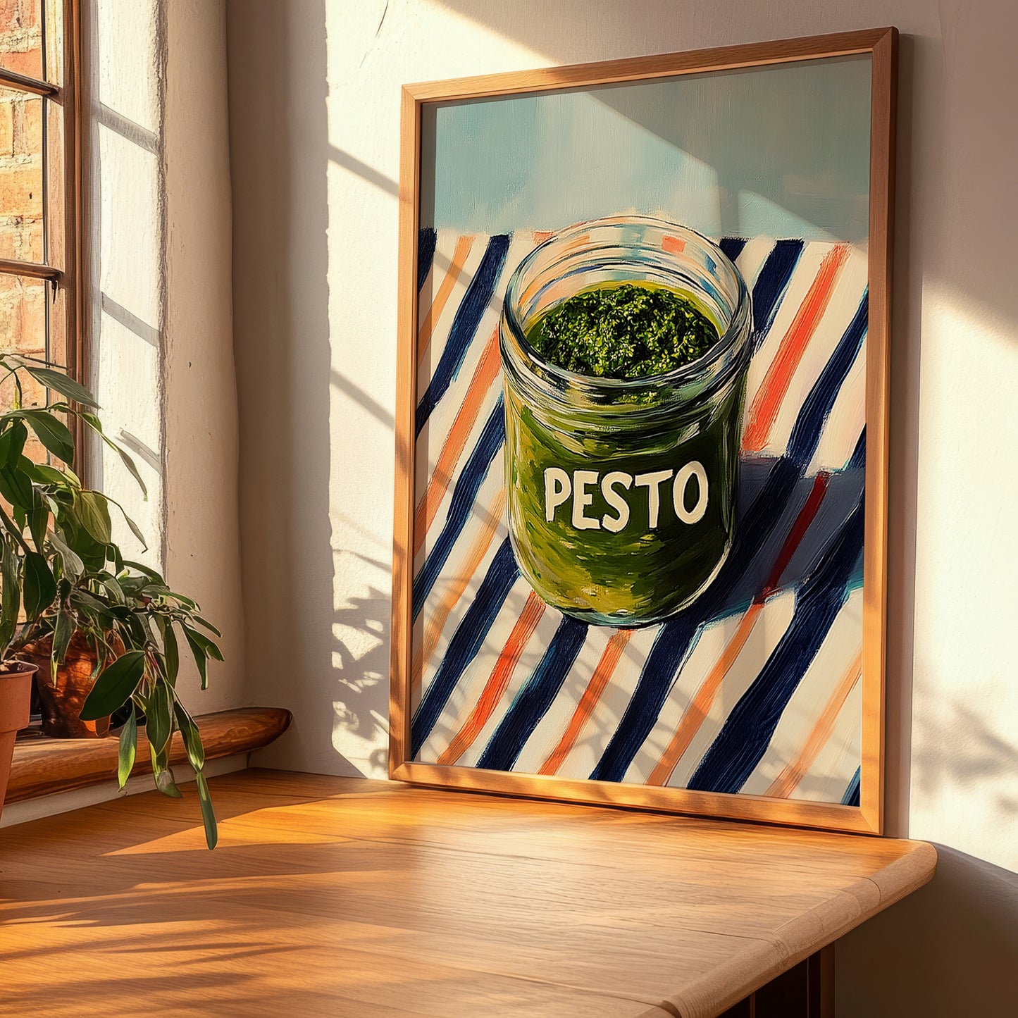 Green Pesto – on Striped Tablecloth, Pantry Print, clean layout with no caption