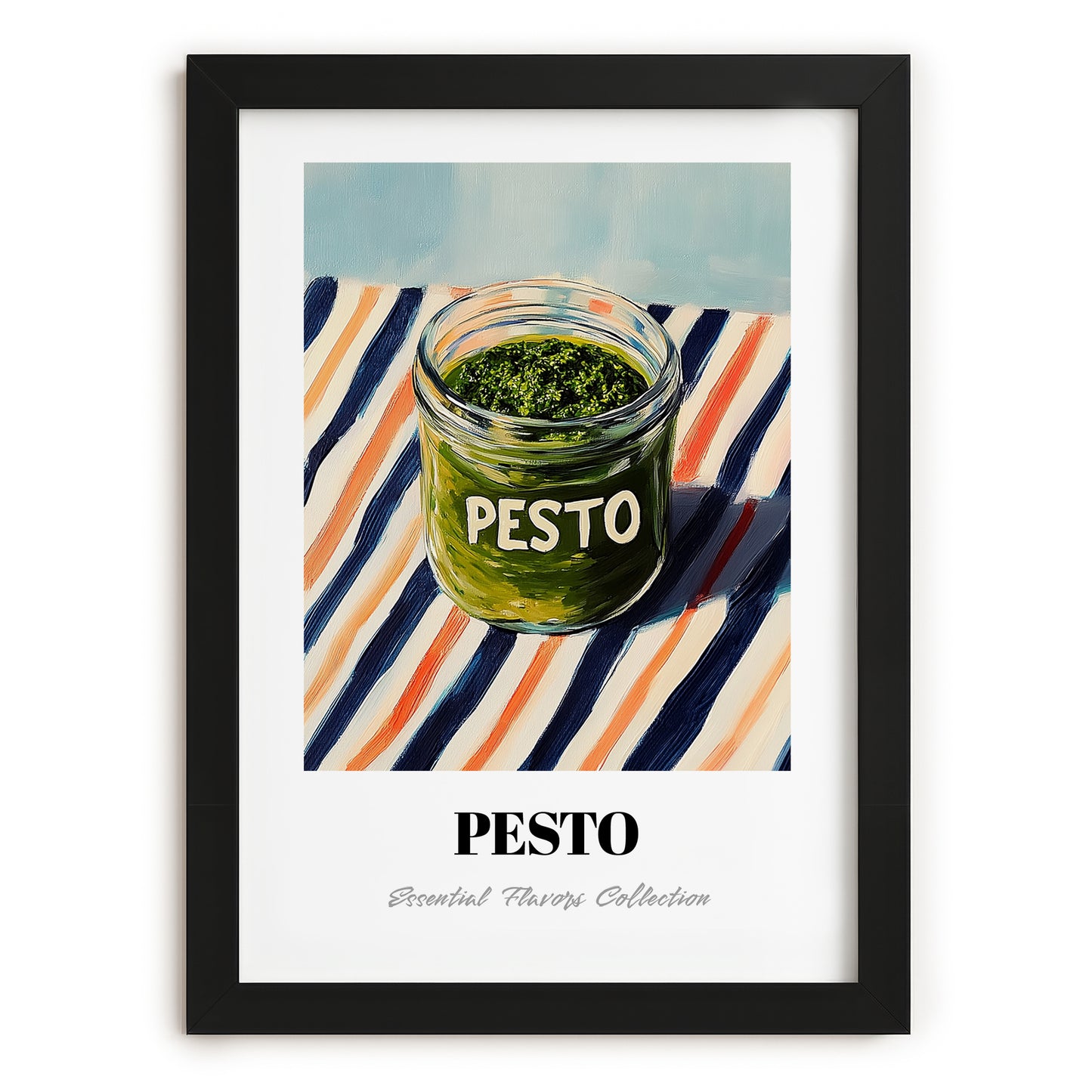 Green Pesto – on Striped Tablecloth, Pantry Print, in sleek black frame