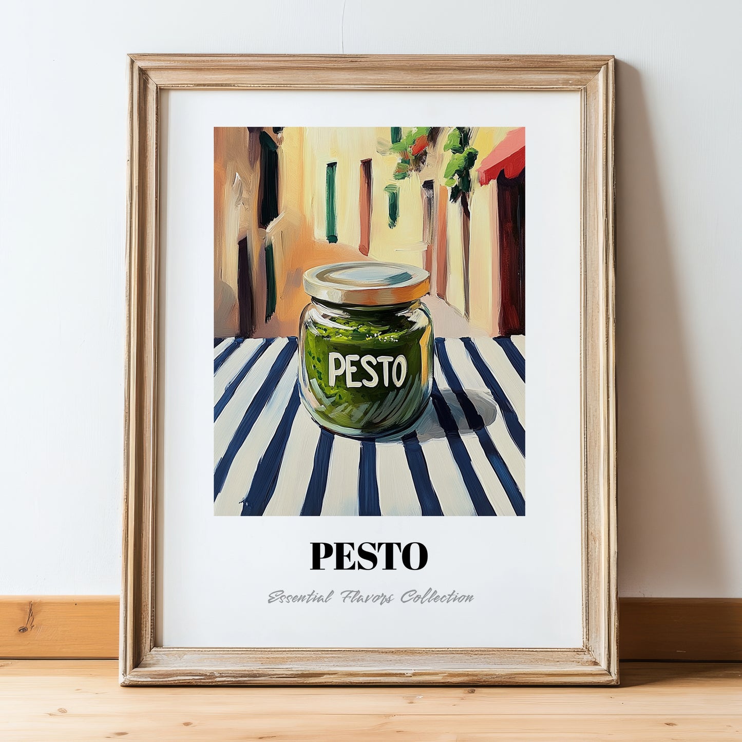 Green Pesto – Italian Outdoor Café Scene, Food Shelf Print, in wooden frame leaning on the floor