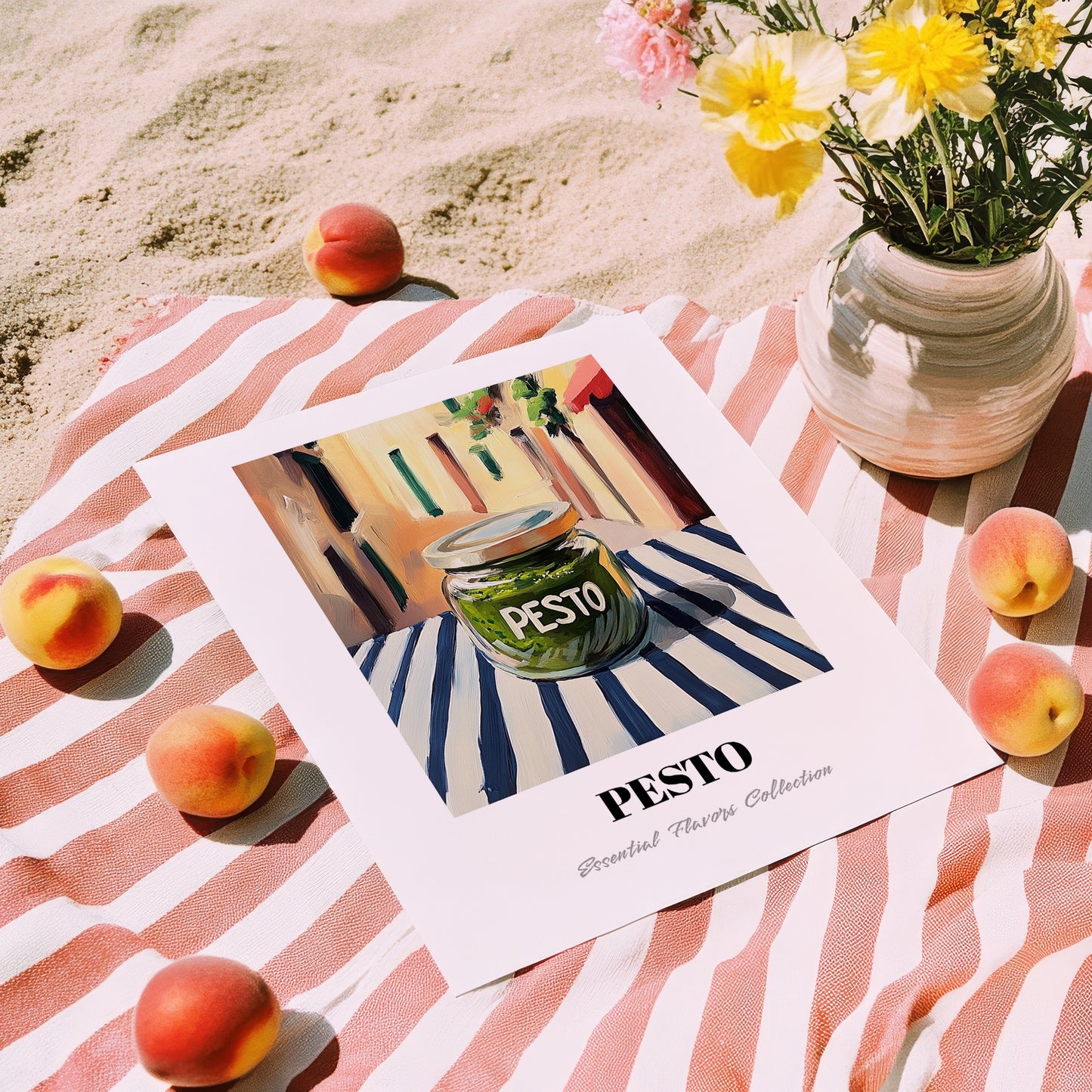 Green Pesto – Italian Outdoor Café Scene, Food Shelf Print, unframed on coastal sand