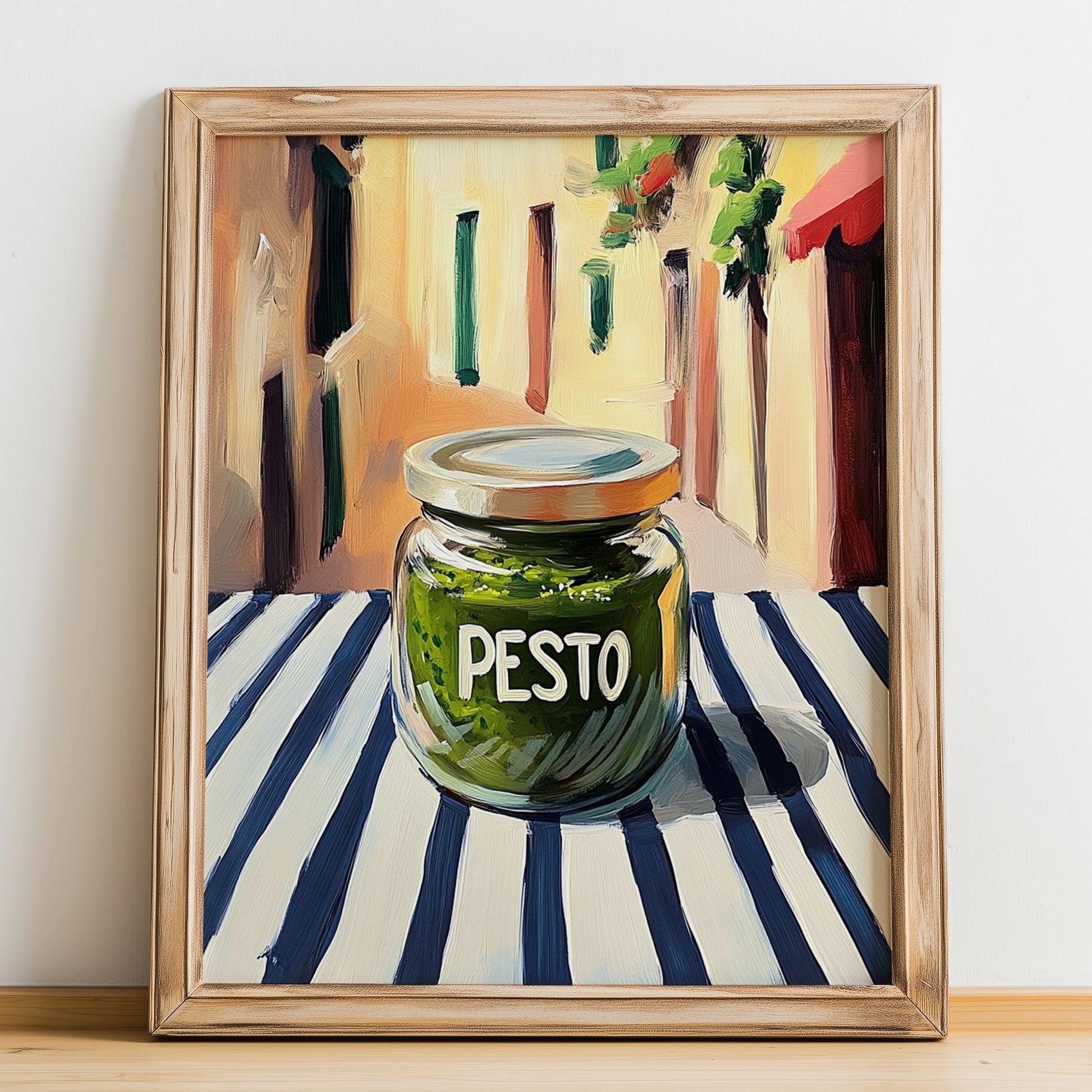 Green Pesto – Italian Outdoor Café Scene, Food Shelf Print, no-text version framed in wood