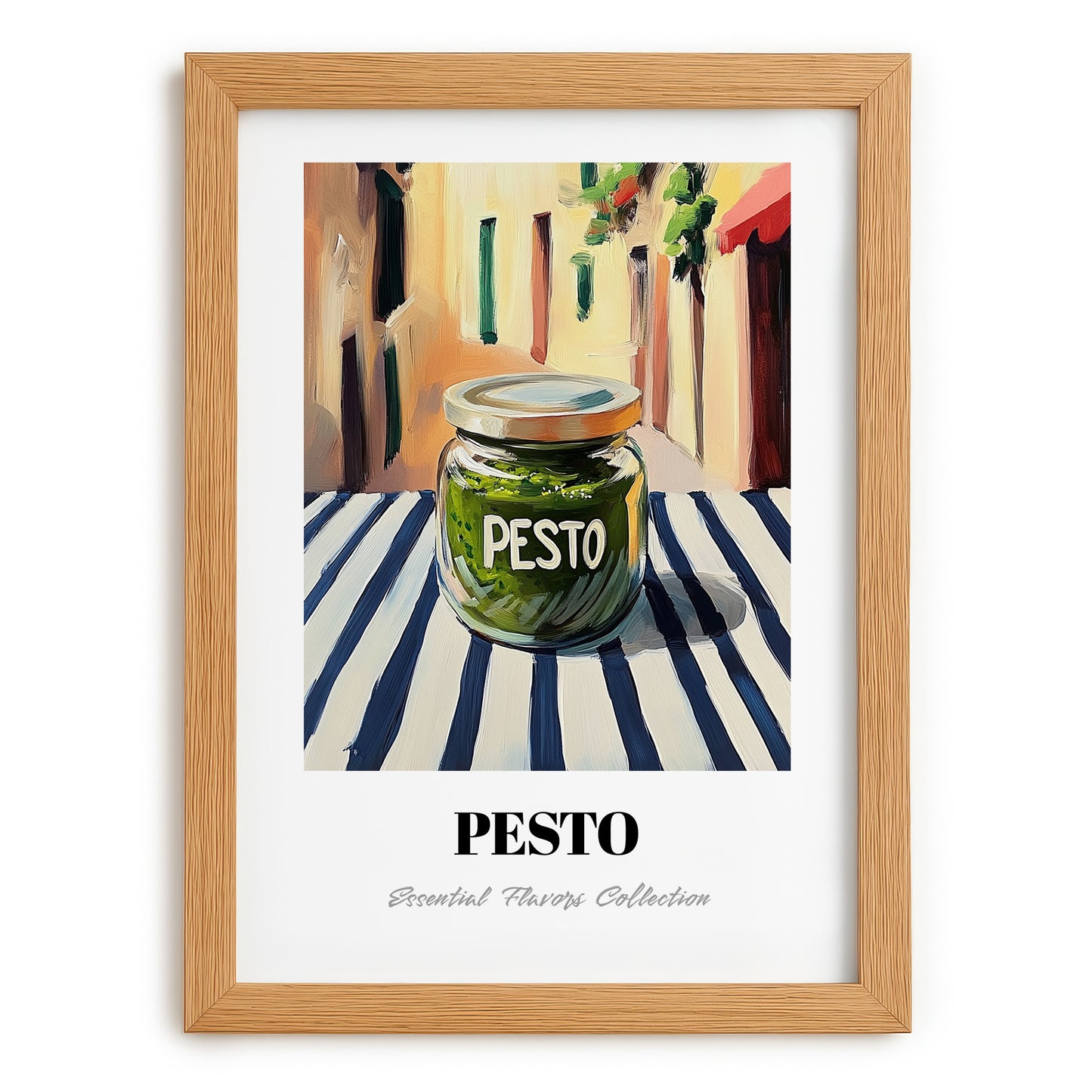 Green Pesto – Italian Outdoor Café Scene, Food Shelf Print, set in oak frame