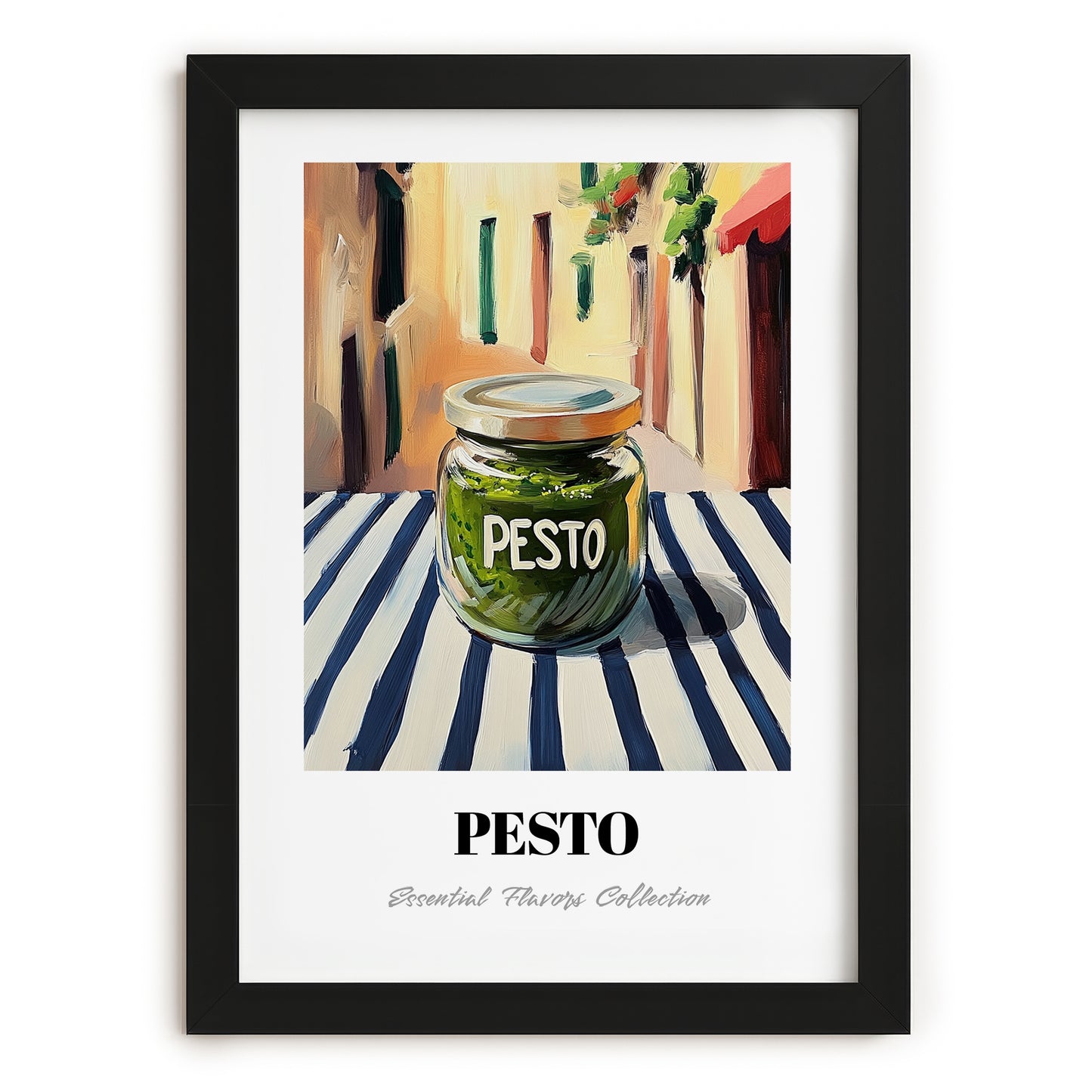 Green Pesto – Italian Outdoor Café Scene, Food Shelf Print, in sleek black frame