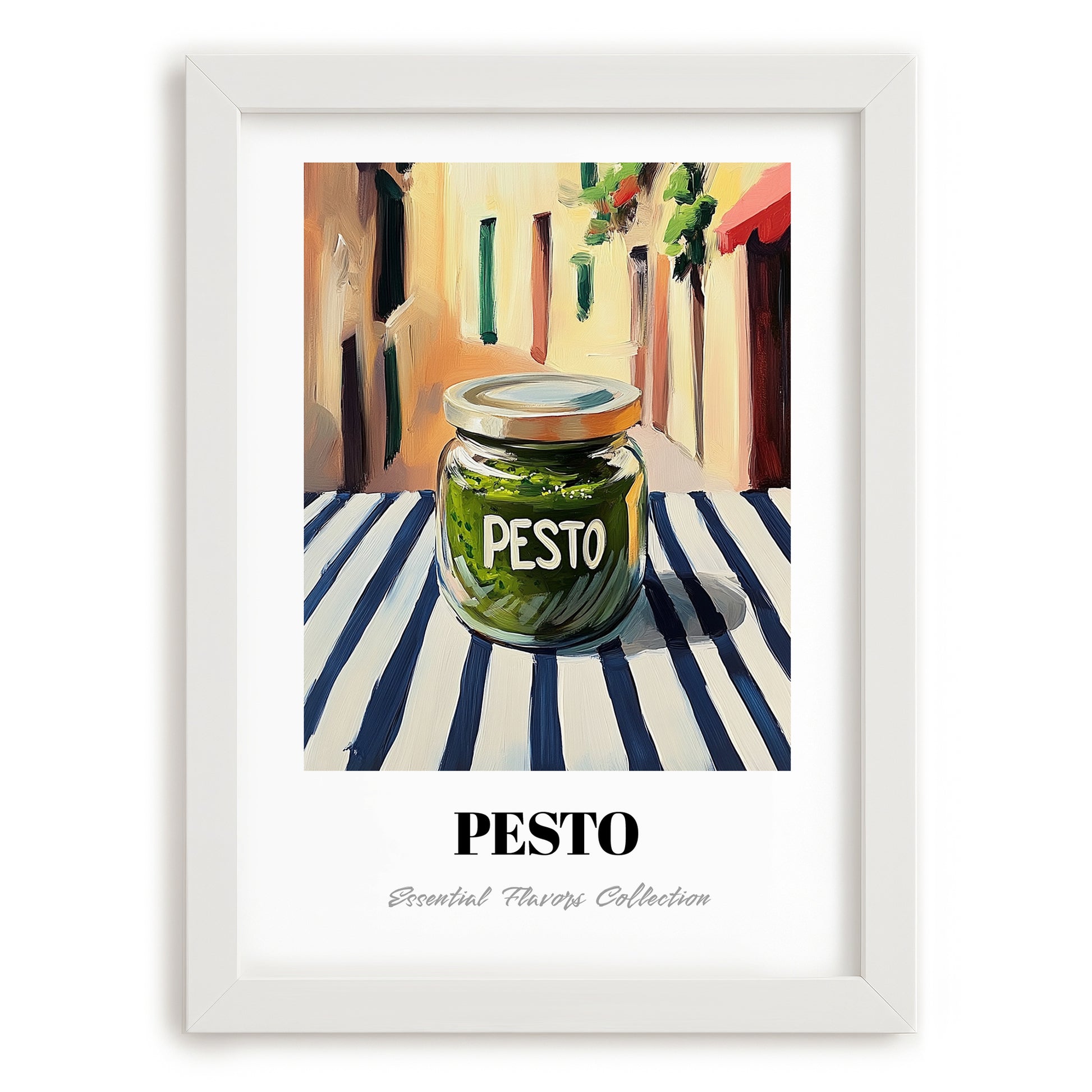 Green Pesto – Italian Outdoor Café Scene, Food Shelf Print, placed in minimal white frame