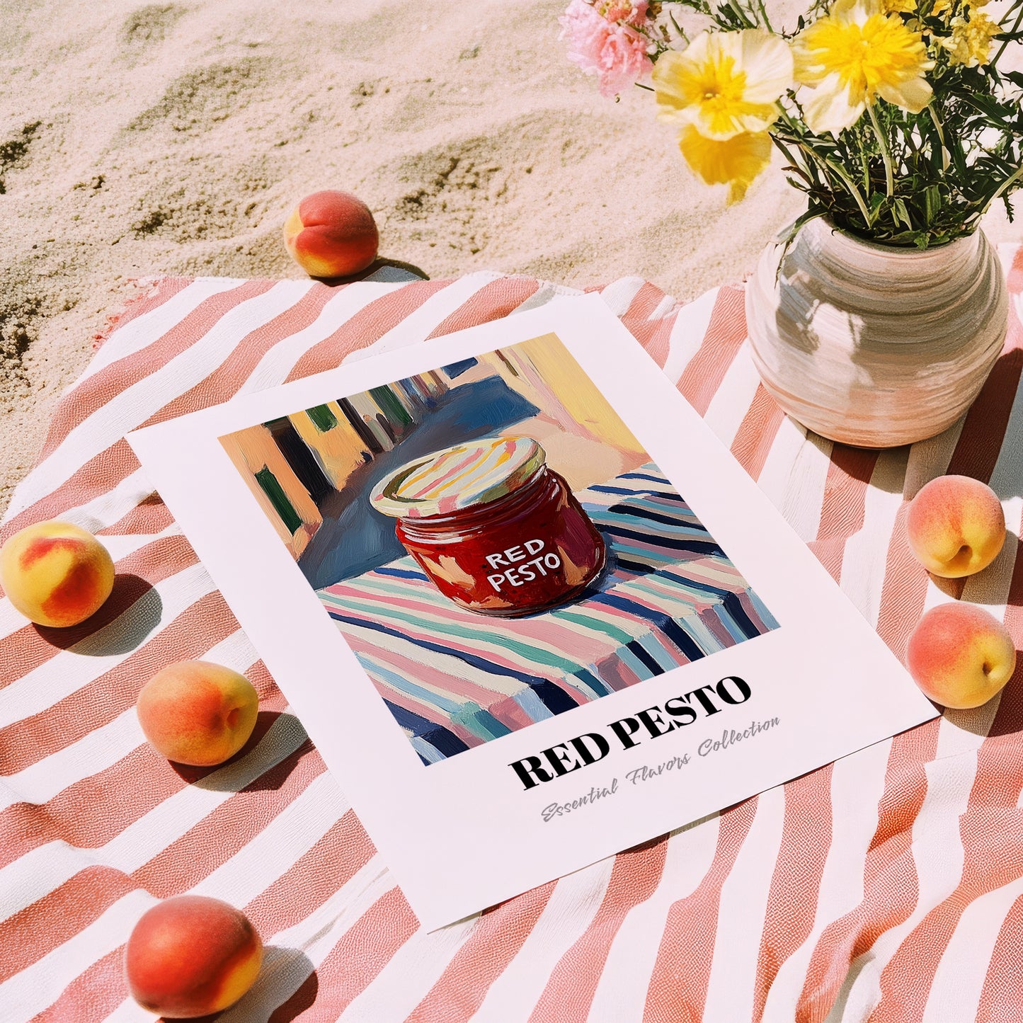 Red Pesto – Italian Café on the Corner, Grocery Still Life, unframed on coastal sand