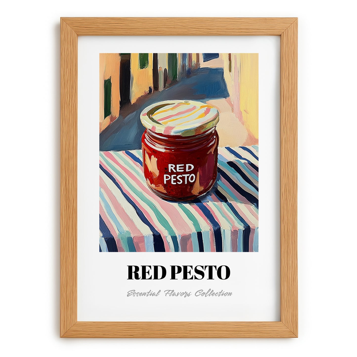 Red Pesto – Italian Café on the Corner, Grocery Still Life, set in oak frame