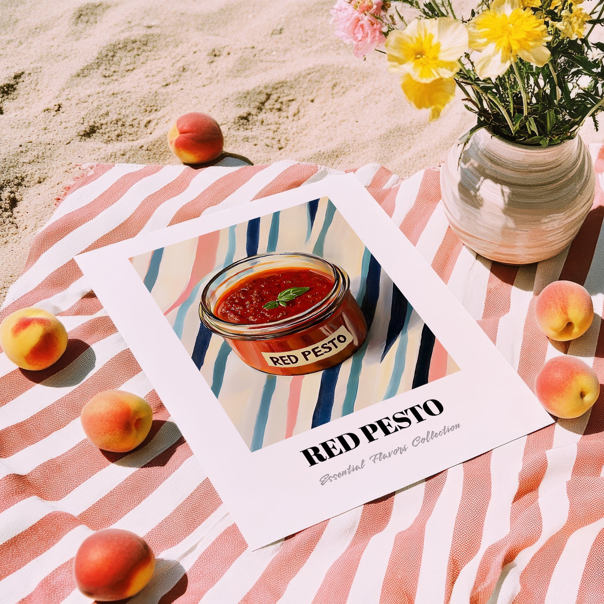 Red Pesto – on Striped Tablecloth, Larder Still Life, unframed on coastal sand