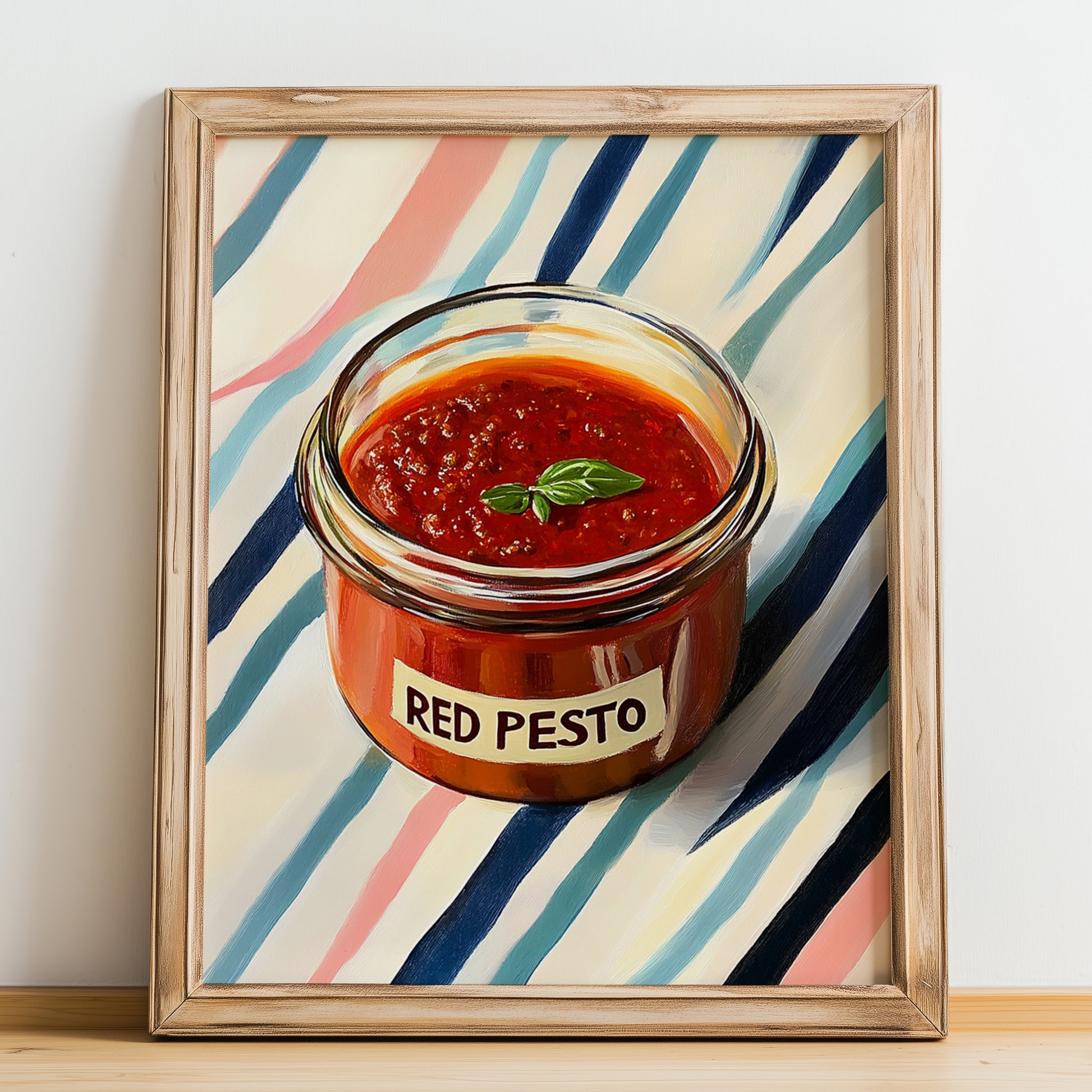 Red Pesto – on Striped Tablecloth, Larder Still Life, no-text version framed in wood