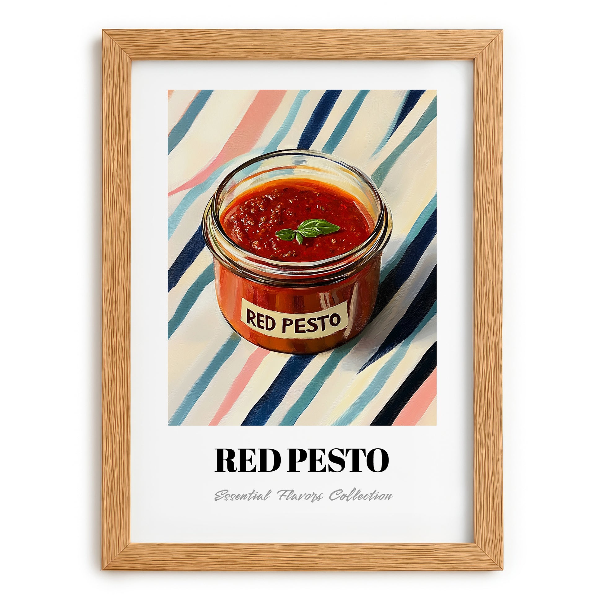 Red Pesto – on Striped Tablecloth, Larder Still Life, set in oak frame