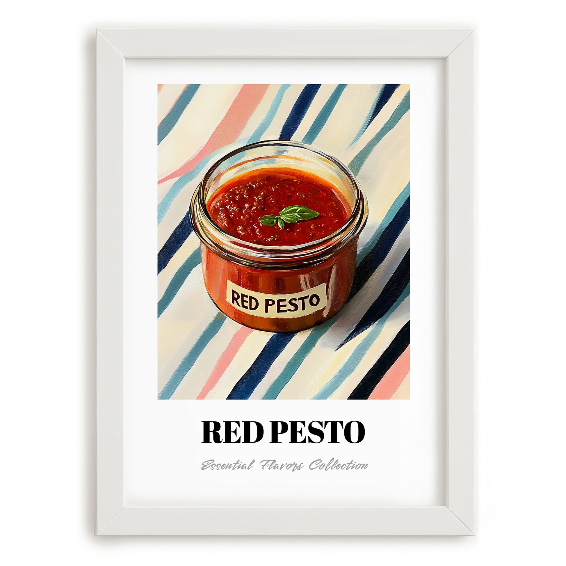 Red Pesto – on Striped Tablecloth, Larder Still Life, placed in minimal white frame