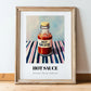 Hot Sauce – on Striped Tablecloth, Bbq Poster, in wooden frame leaning on the floor