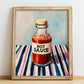 Hot Sauce – on Striped Tablecloth, Bbq Poster, no-text version framed in wood