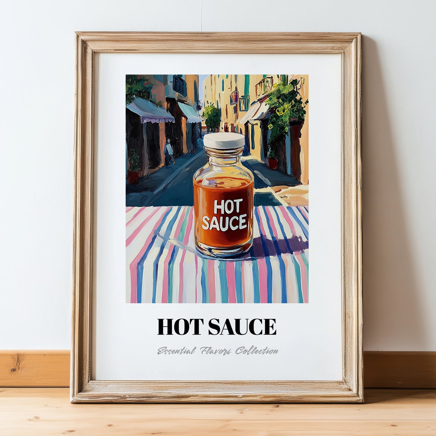 Hot Sauce – Italian Urban Café Scene, Bbq Print, in wooden frame leaning on the floor