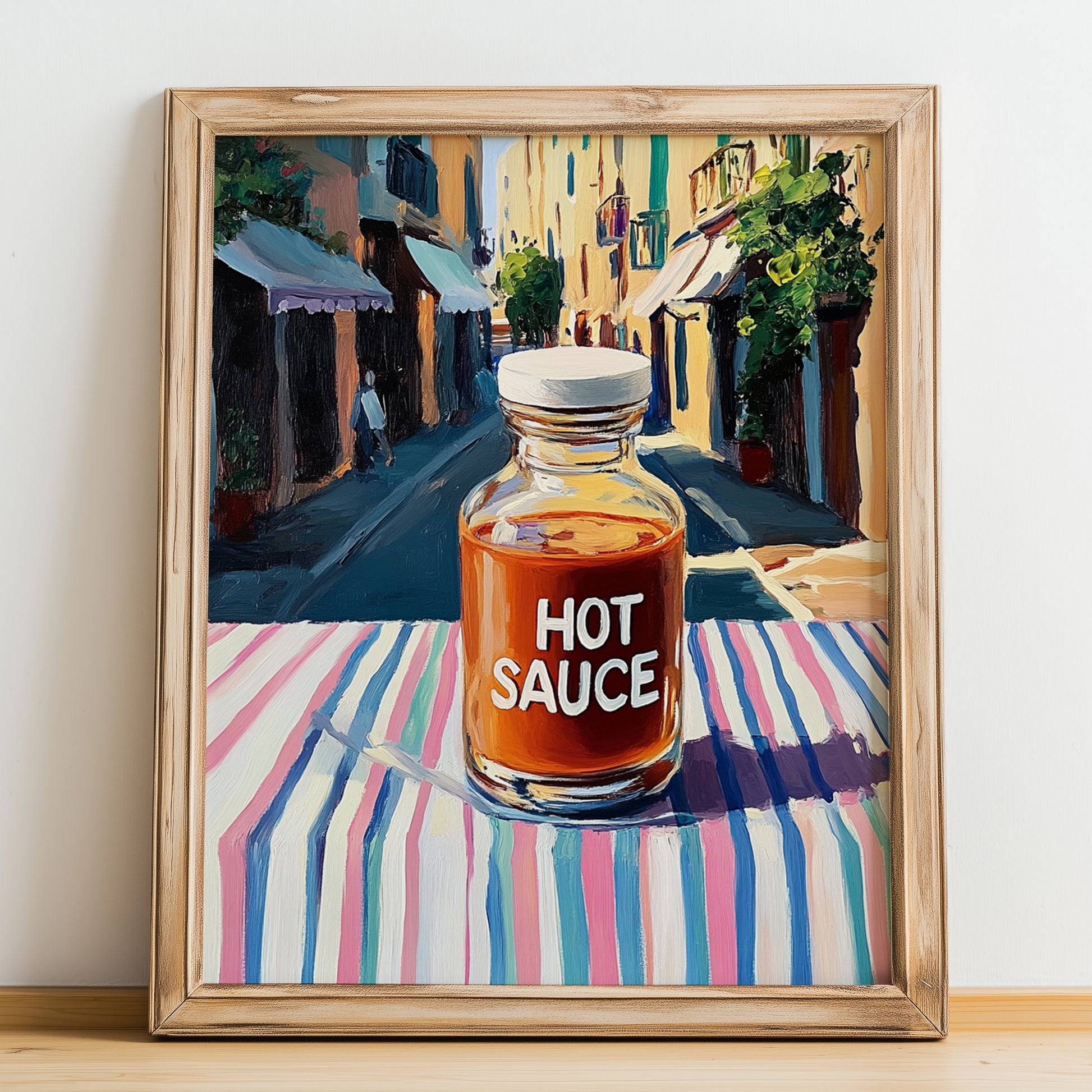Hot Sauce – Italian Urban Café Scene, Bbq Print, no-text version framed in wood