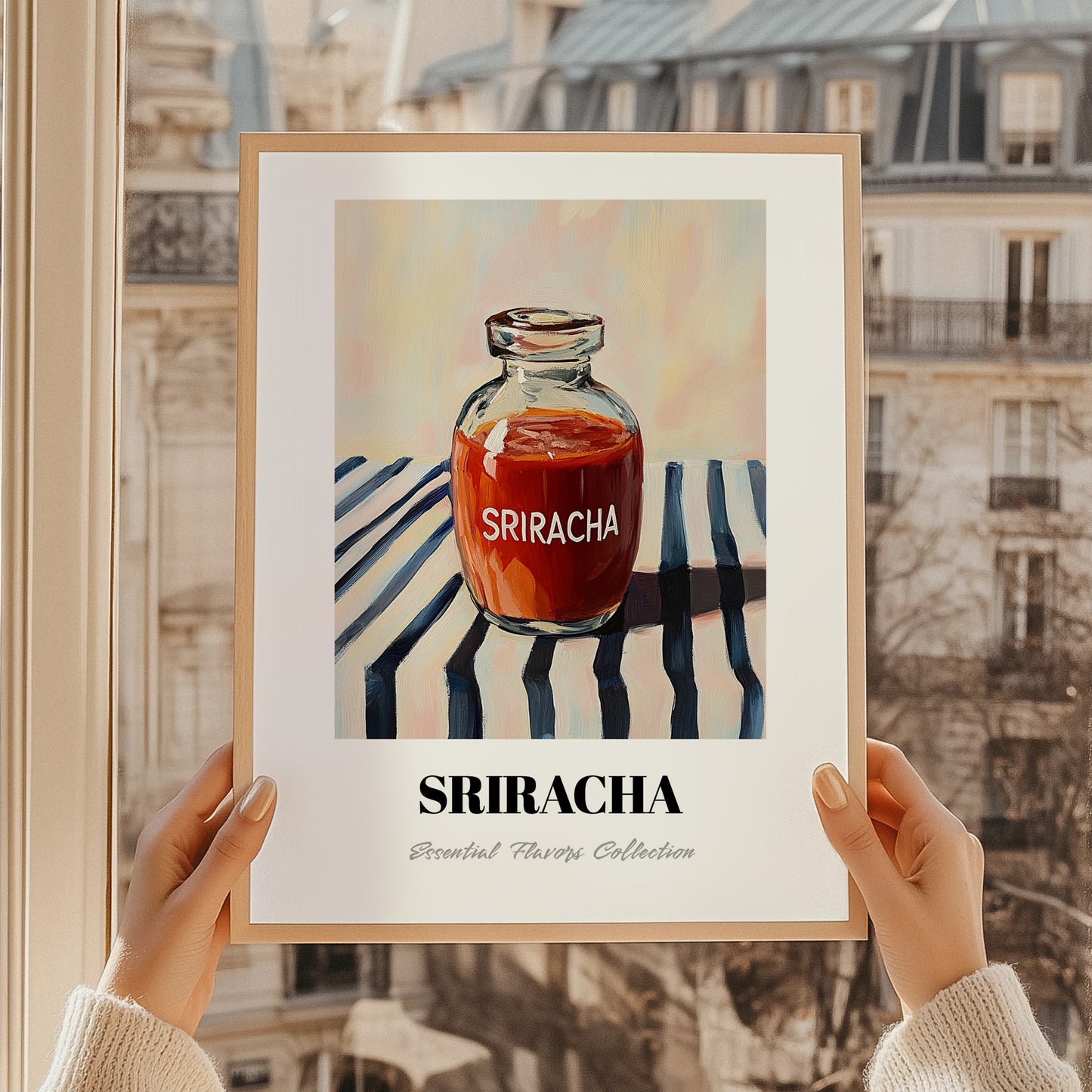 Sriracha – on Striped Tablecloth, Bbq Illustration, styled in a charming Paris street view