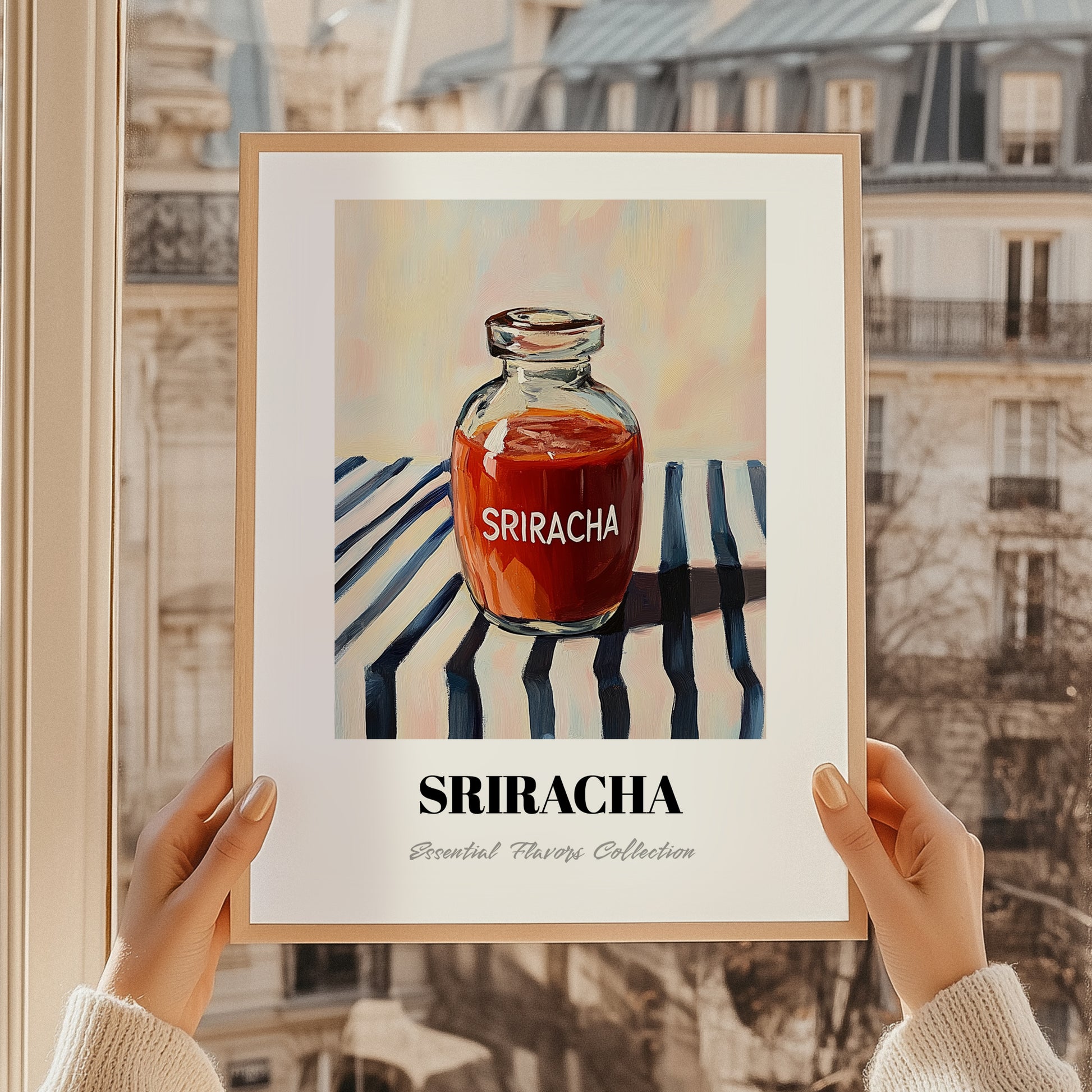 Sriracha – on Striped Tablecloth, Bbq Illustration, styled in a charming Paris street view
