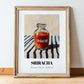 Sriracha – on Striped Tablecloth, Bbq Illustration, in wooden frame leaning on the floor